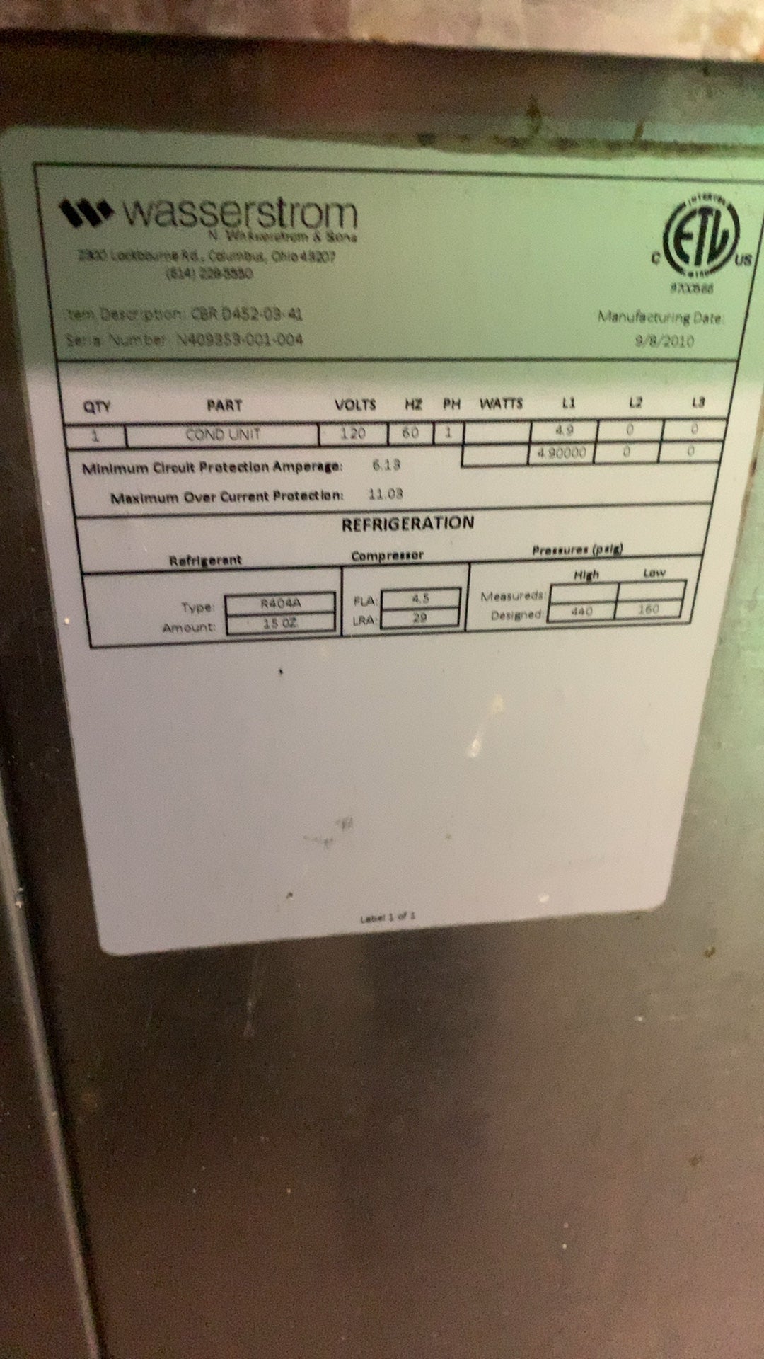 Wasserstrom CBR D452-03-41 Refrigerated Cold Well, Mobile Self-Contained Stainless Steel Construction 120V 1 Phase