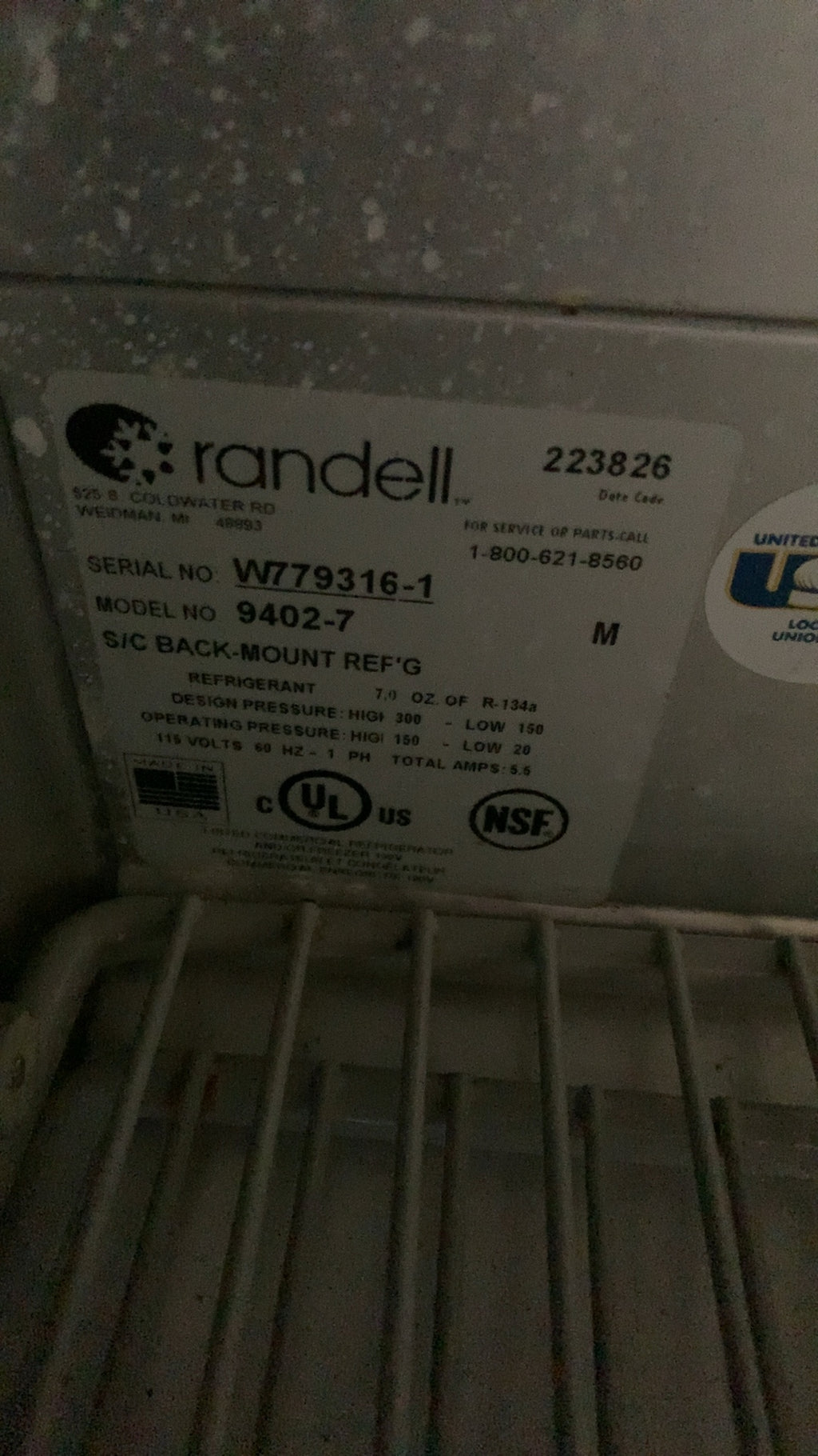 Randell 9402-7 Refrigerator, Worktop Self-Contained Back-Mount 115 Volts 5.8 Amps