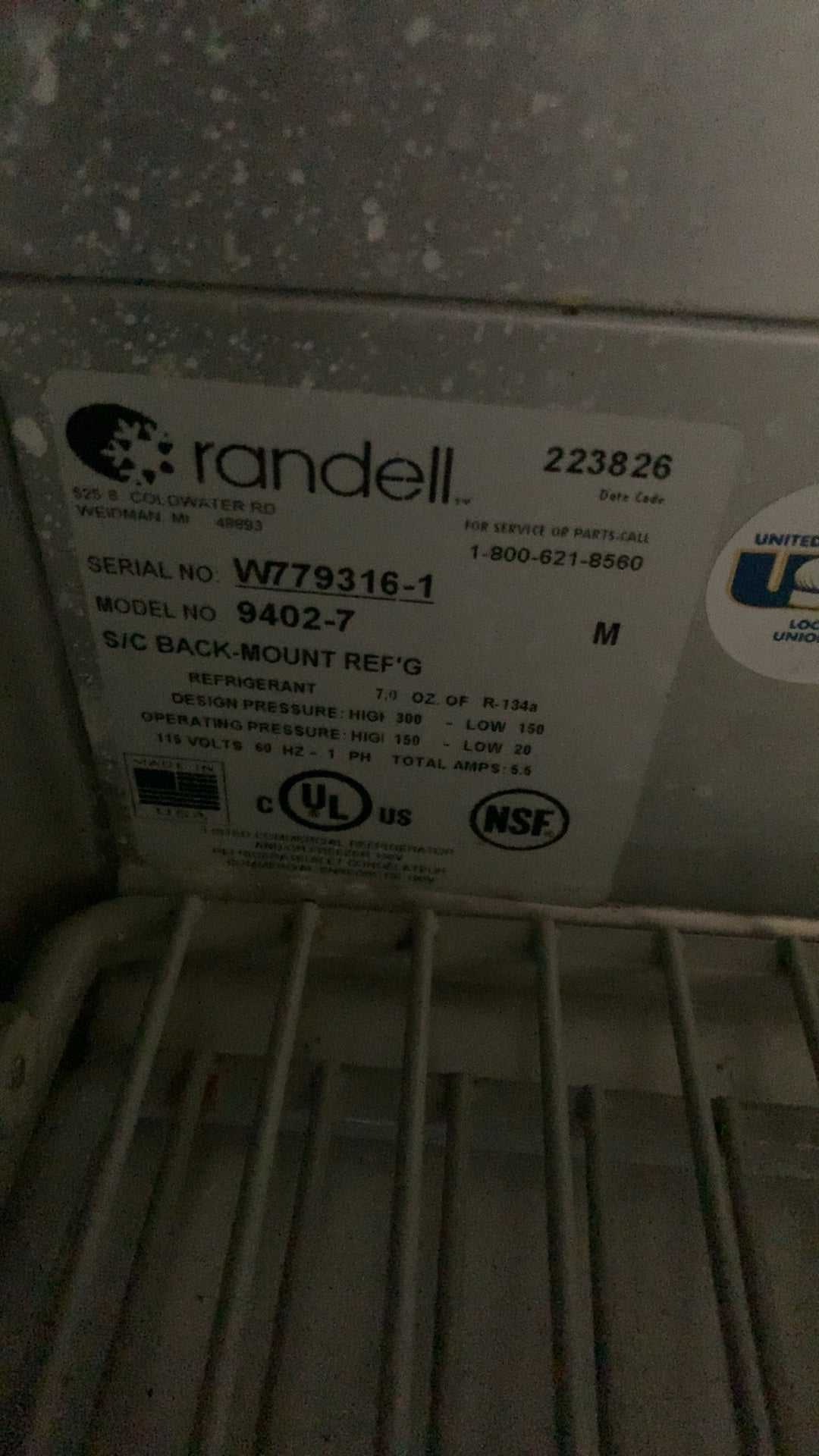 Randell 9402-7 Refrigerator, Worktop Self-Contained Back-Mount 115 Volts 5.8 Amps