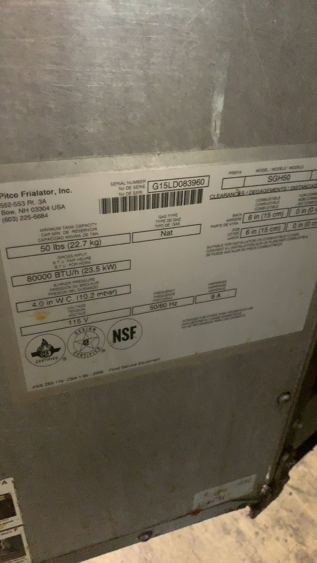 Pitco SGH50 Fryer, Triple Gas Deep Fryer Automatic Controls 50 lb Capacity per well 80000 BTU/h 115V