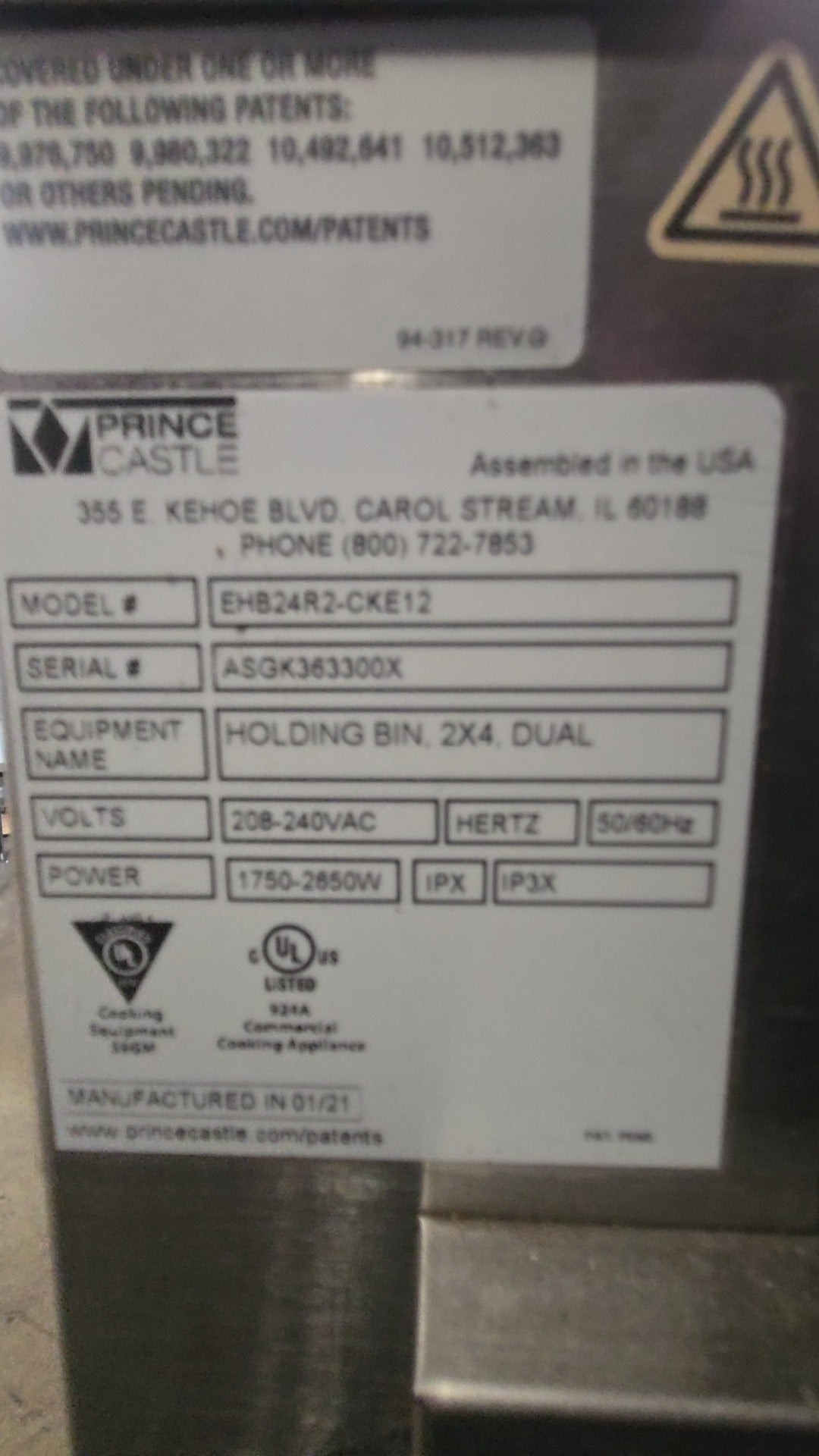 PRINCE CASTLE EHB24R2-CKE12 Holding Bin, Dual 2x4 208-240VAC 1750-2650W