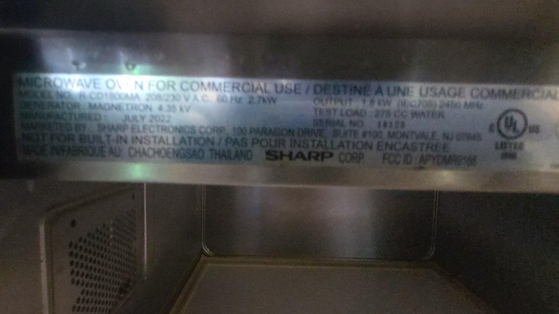 SHARP R-CD1800M Commercial Microwave Oven, Countertop 2.7kW 1.8kW Output Stainless Steel