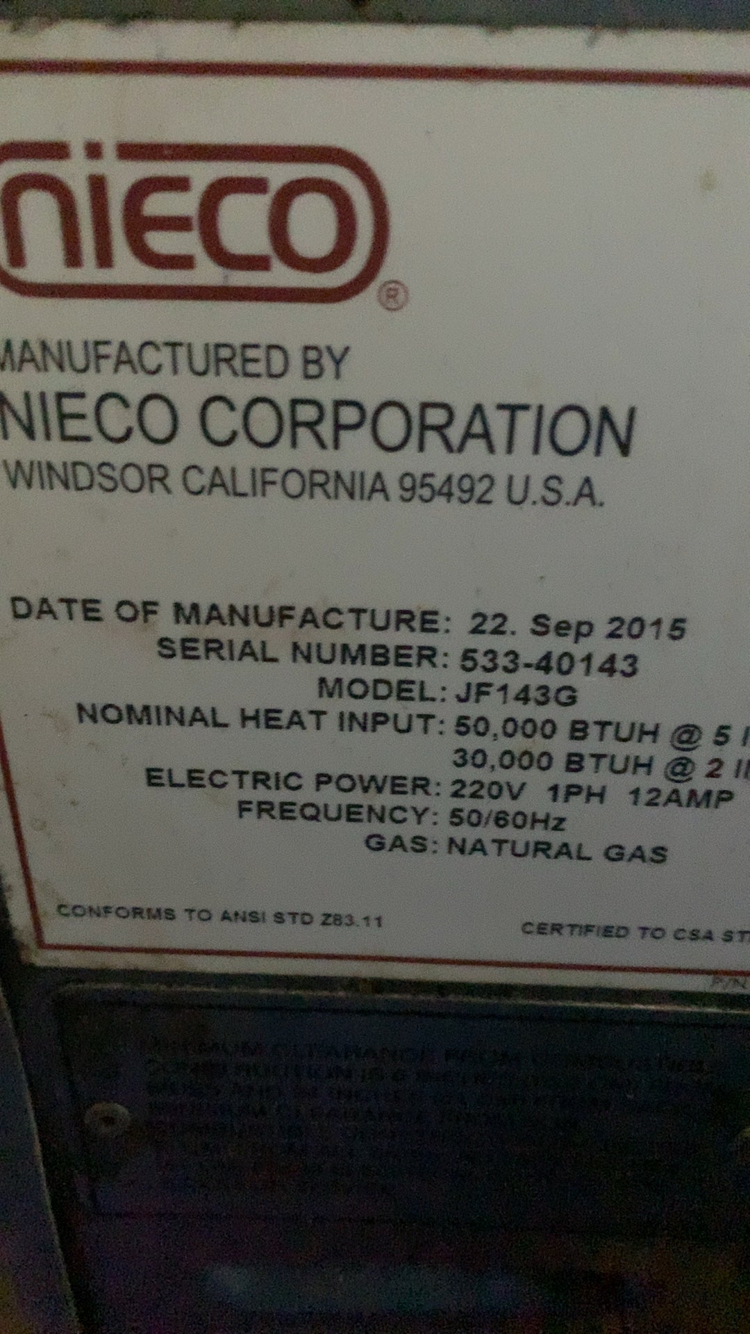 Nieco JF143G Broiler, Conveyor Natural Gas 220V 1PH W Giles Hood System.