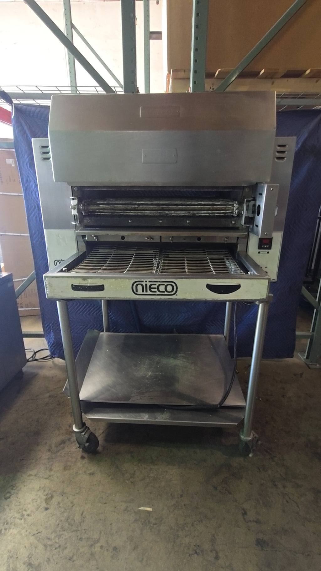 NIECO JF14G Conveyor Broiler, Gas 220V 1PH 12Amp Electric, Natural Gas, Stainless Steel, On Mobile Stand with Casters