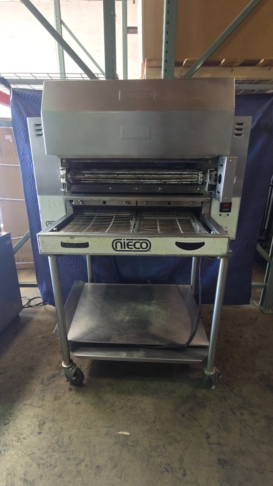 NIECO JF14G Conveyor Broiler, Gas 220V 1PH 12Amp Electric, Natural Gas, Stainless Steel, On Mobile Stand with Casters