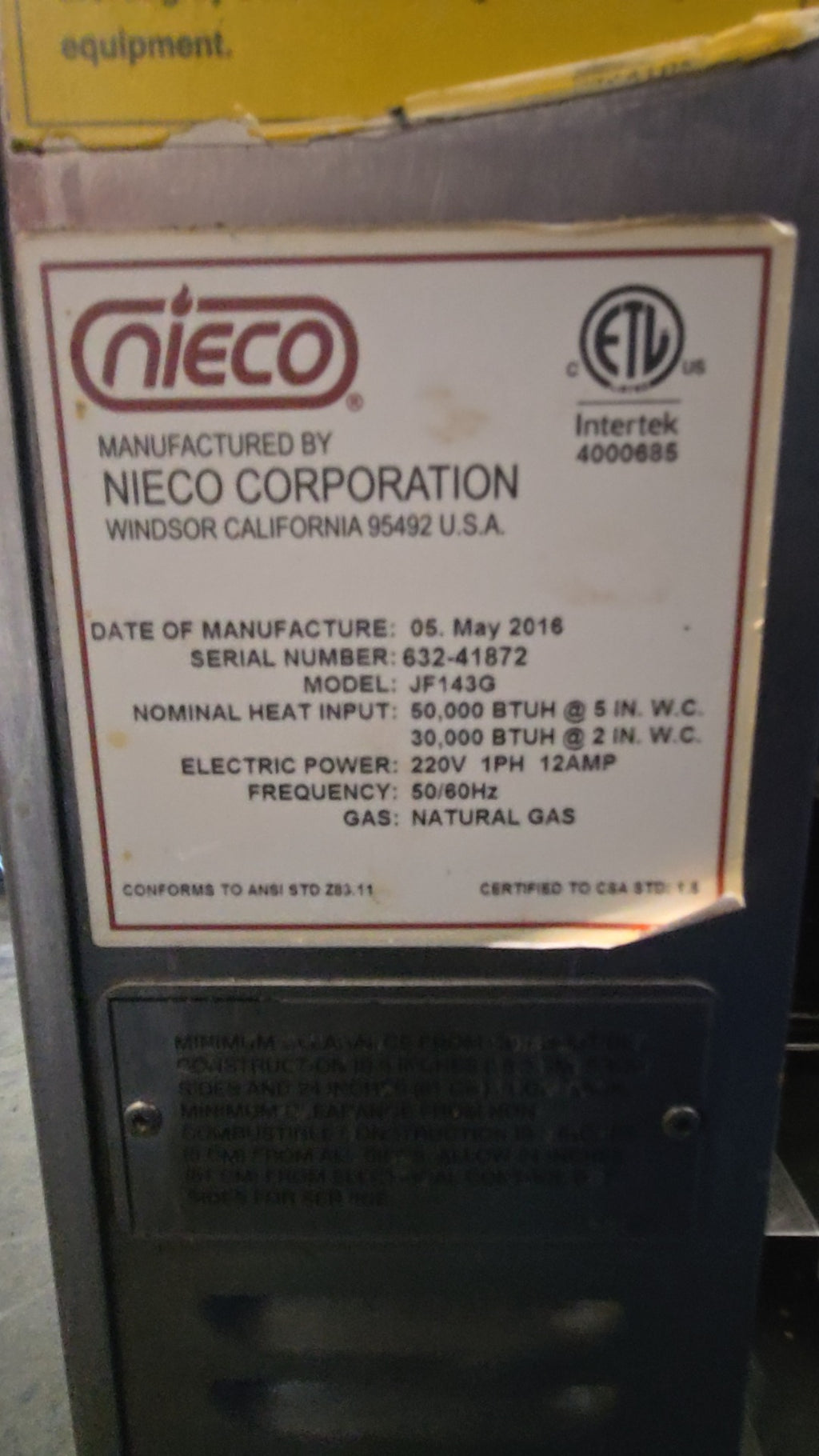 NIECO JF14G Conveyor Broiler, Gas 220V 1PH 12Amp Electric, Natural Gas, Stainless Steel, On Mobile Stand with Casters