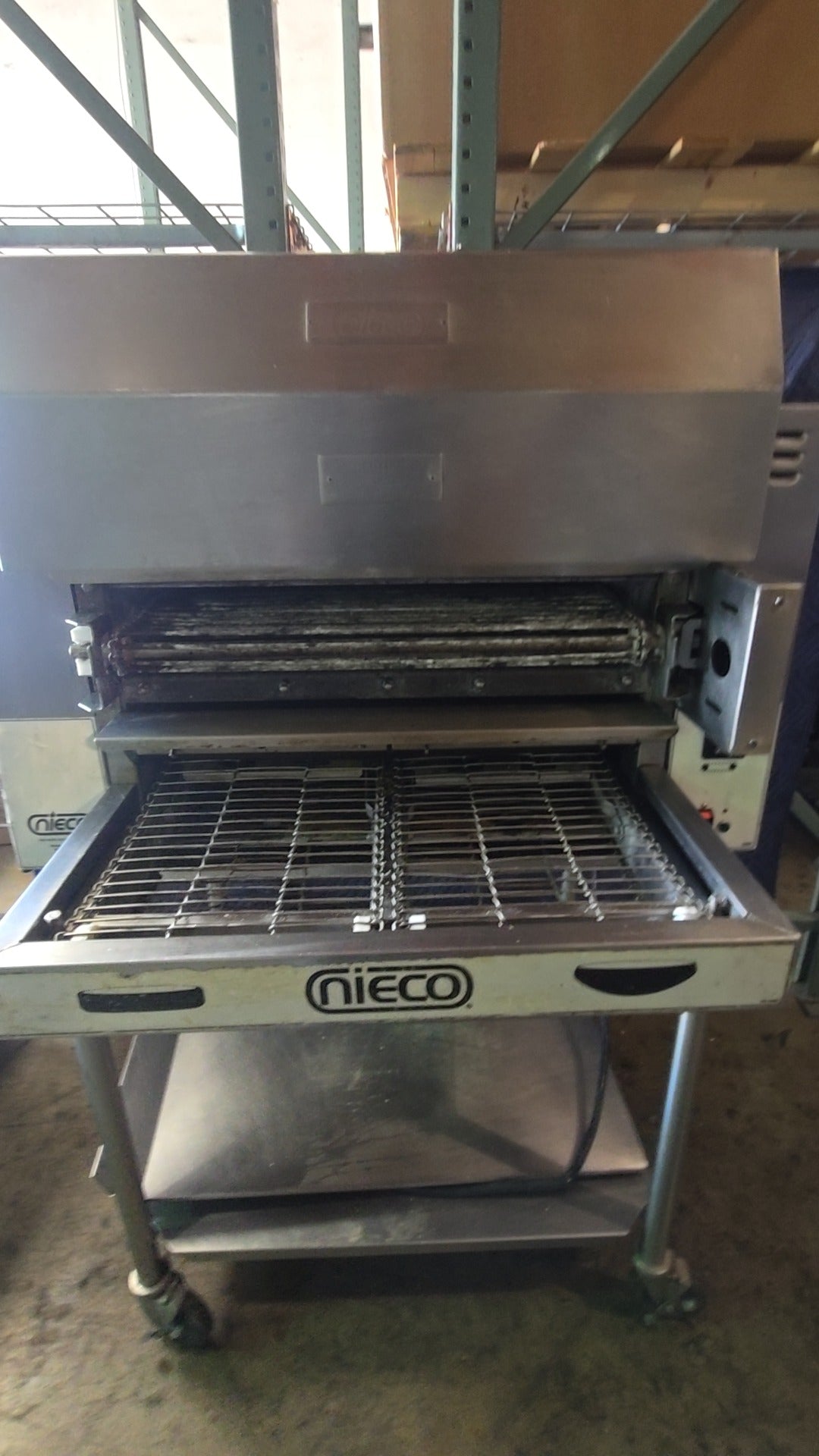 NIECO JF14G Conveyor Broiler, Gas 220V 1PH 12Amp Electric, Natural Gas, Stainless Steel, On Mobile Stand with Casters
