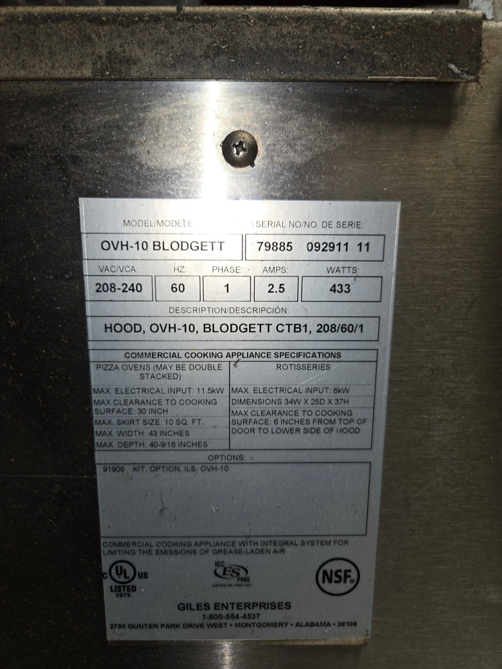 Nieco JF14G Conveyor Broiler, Commercial Natural Gas 220V 1PH 12Amp Electric With Giles Ventless Recirculating Hood System