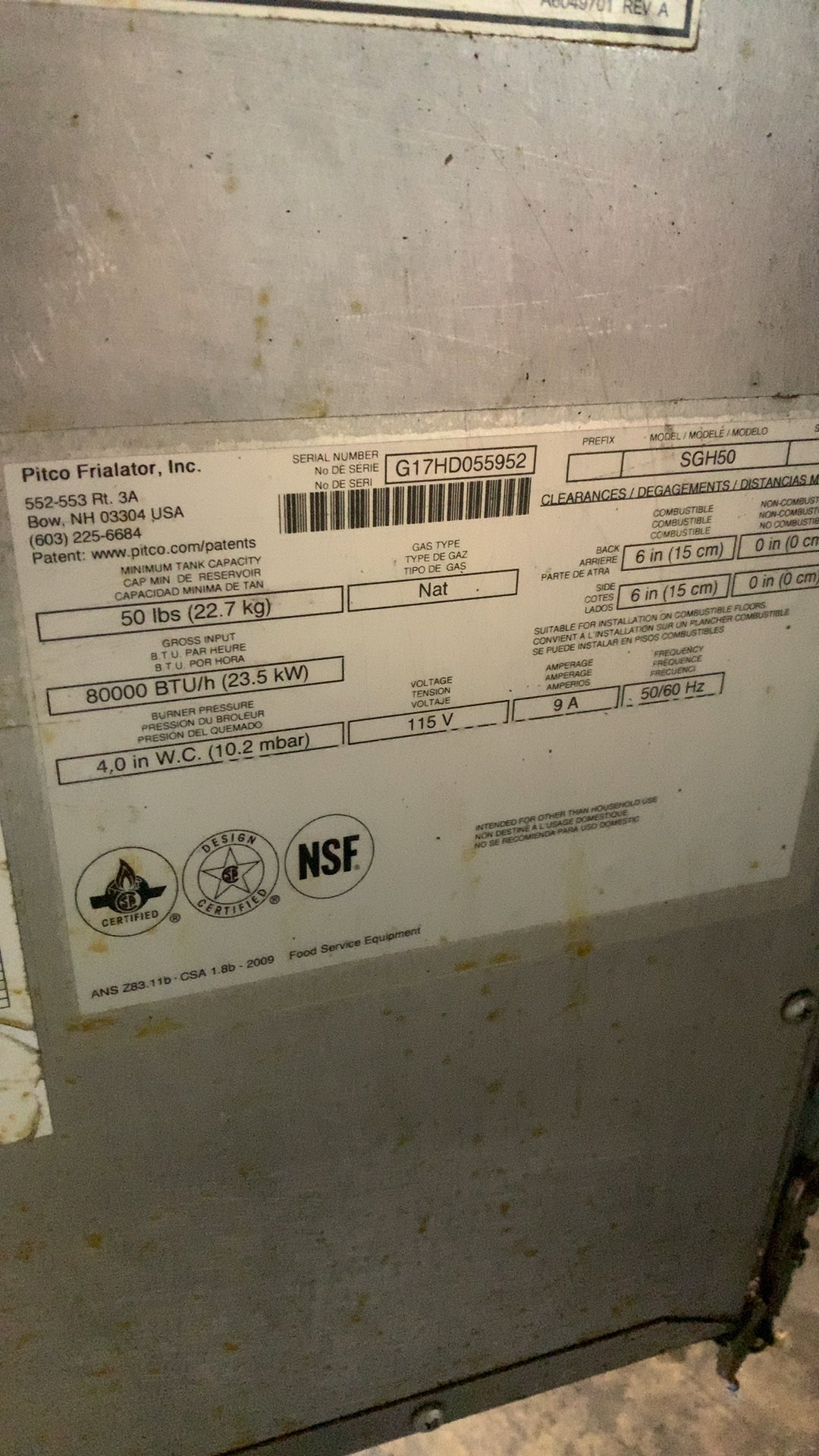 Pitco SGH50 Fryer, Commercial Deep Triple Vat Gas 115V Electric Ignition NSF Certified on Wheels