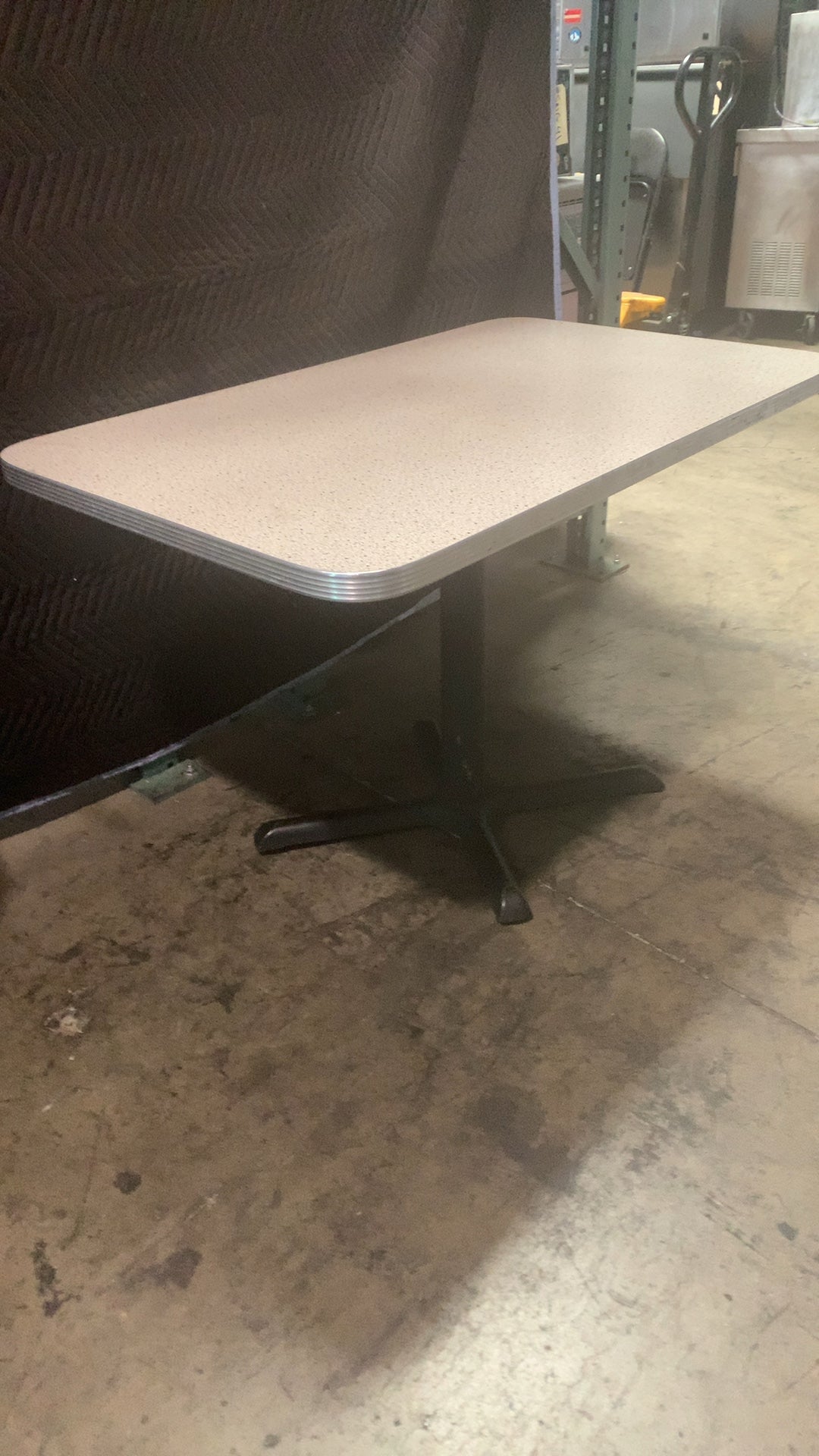 PEDESTAL-SQ-TBL Dining Table, Commercial Style, Square Top Laminate Top, Ribbed Metal Edge, 4-Leg Pedestal Base