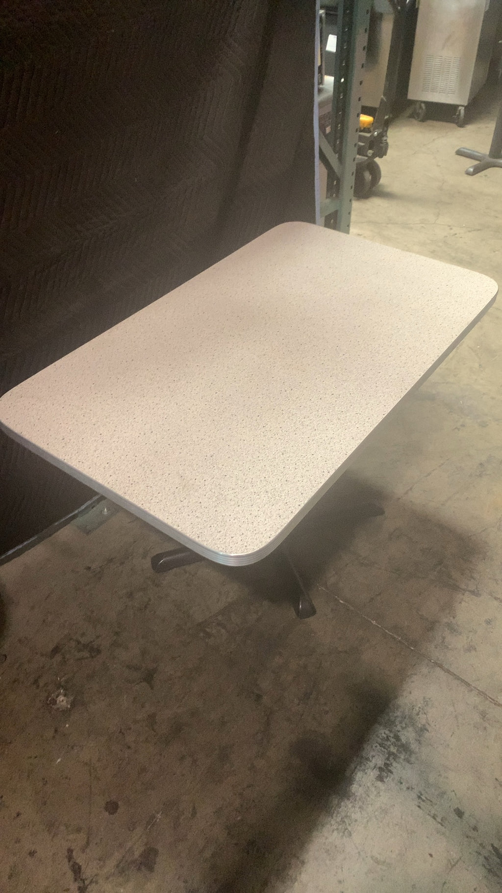 PEDESTAL-SQ-TBL Dining Table, Commercial Style, Square Top Laminate Top, Ribbed Metal Edge, 4-Leg Pedestal Base