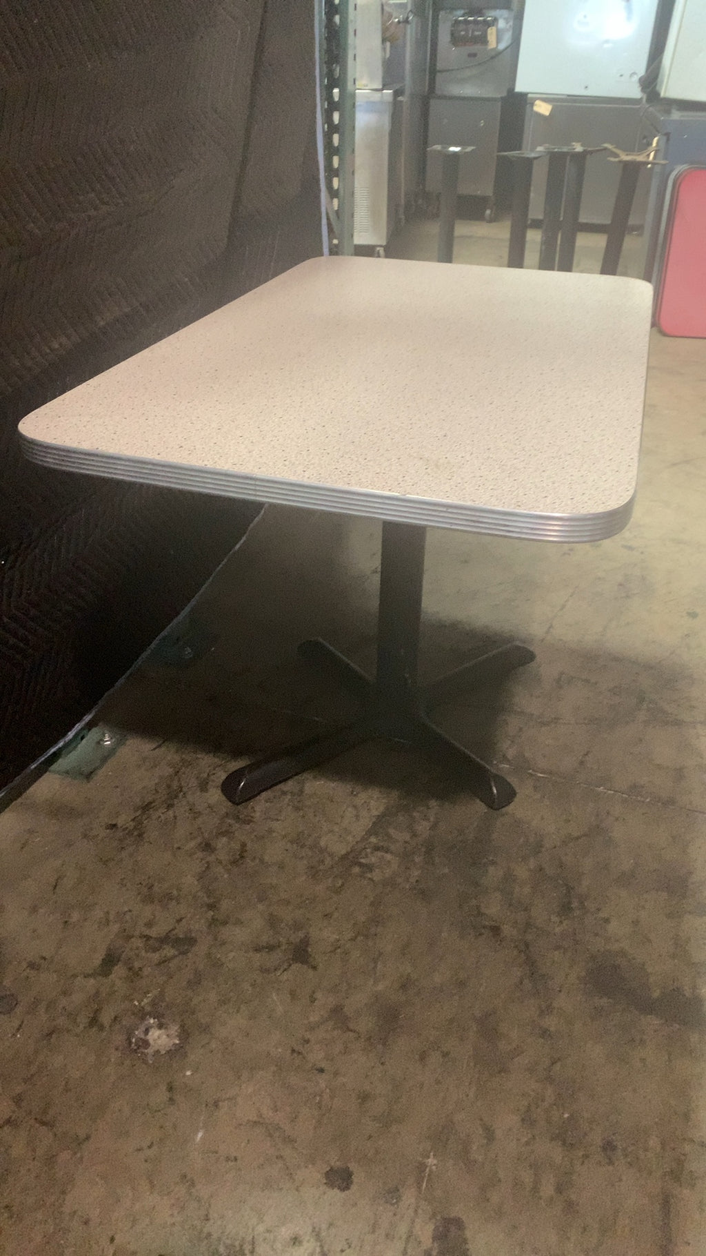 PEDESTAL-SQ-TBL Dining Table, Commercial Style, Square Top Laminate Top, Ribbed Metal Edge, 4-Leg Pedestal Base