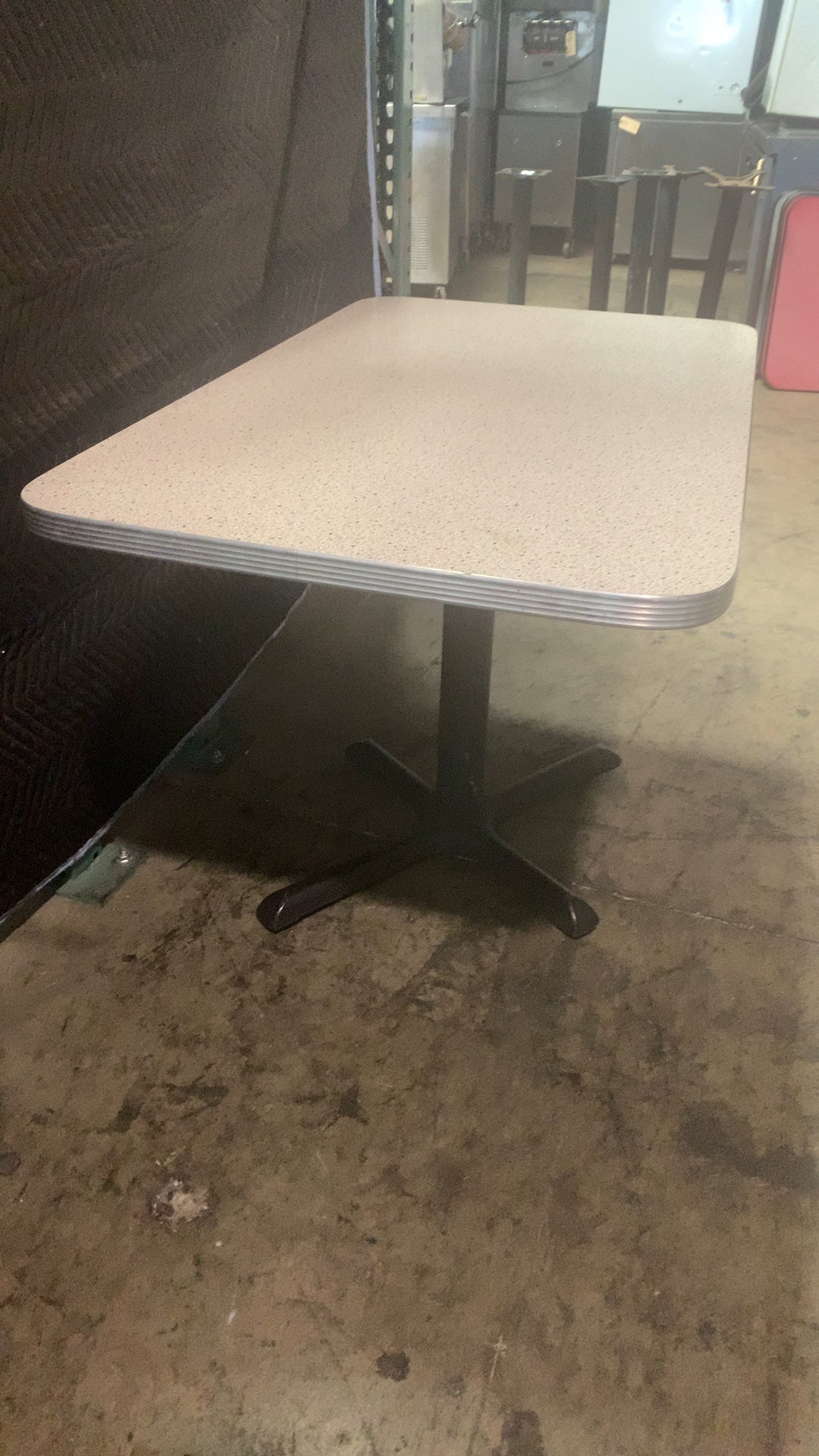 PEDESTAL-SQ-TBL Dining Table, Commercial Style, Square Top Laminate Top, Ribbed Metal Edge, 4-Leg Pedestal Base
