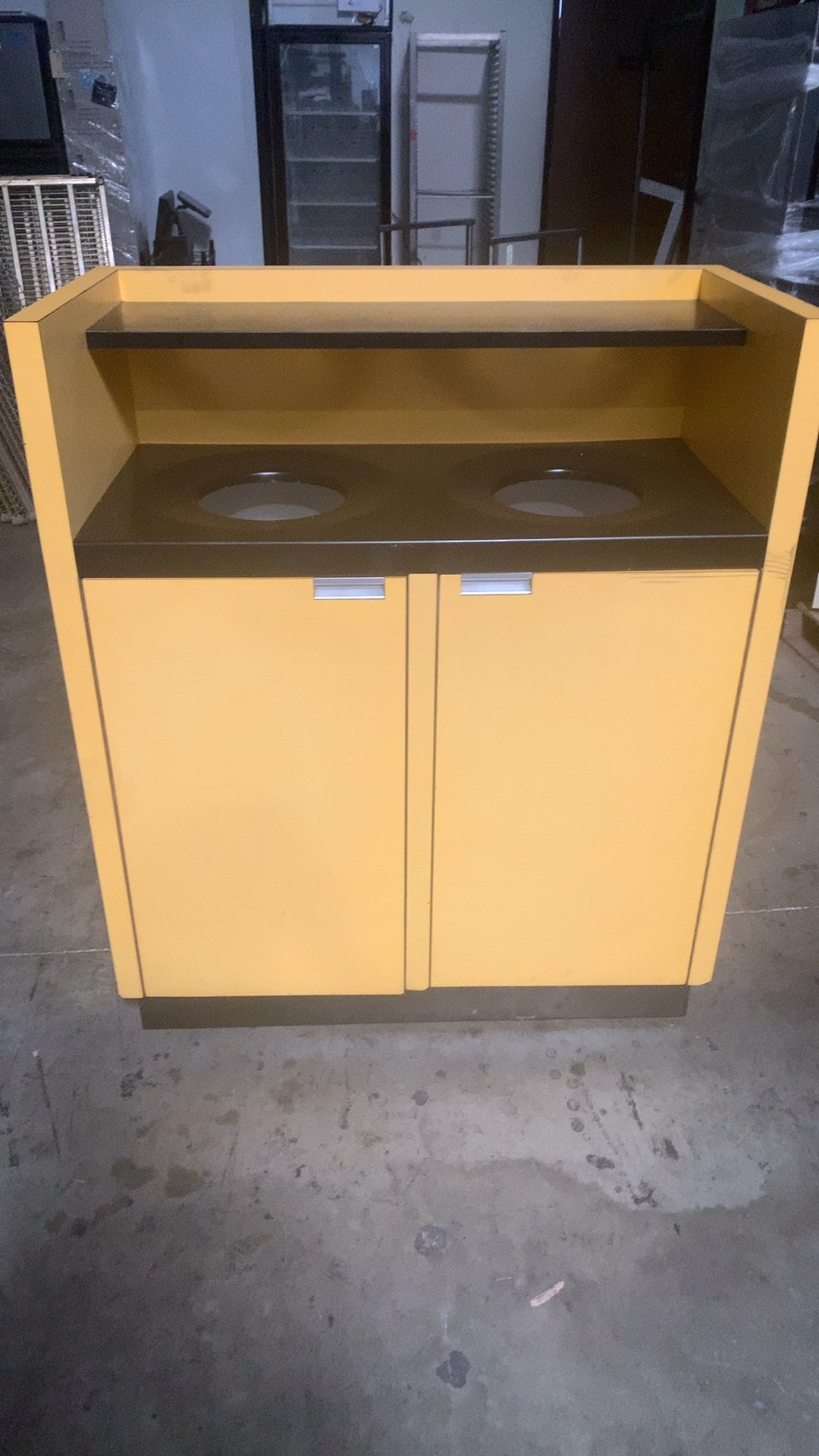 Double Bin Station Waste Receptacle Cabinet, Commercial Freestanding Two Top Openings Yellow Finish Upper Display Shelf