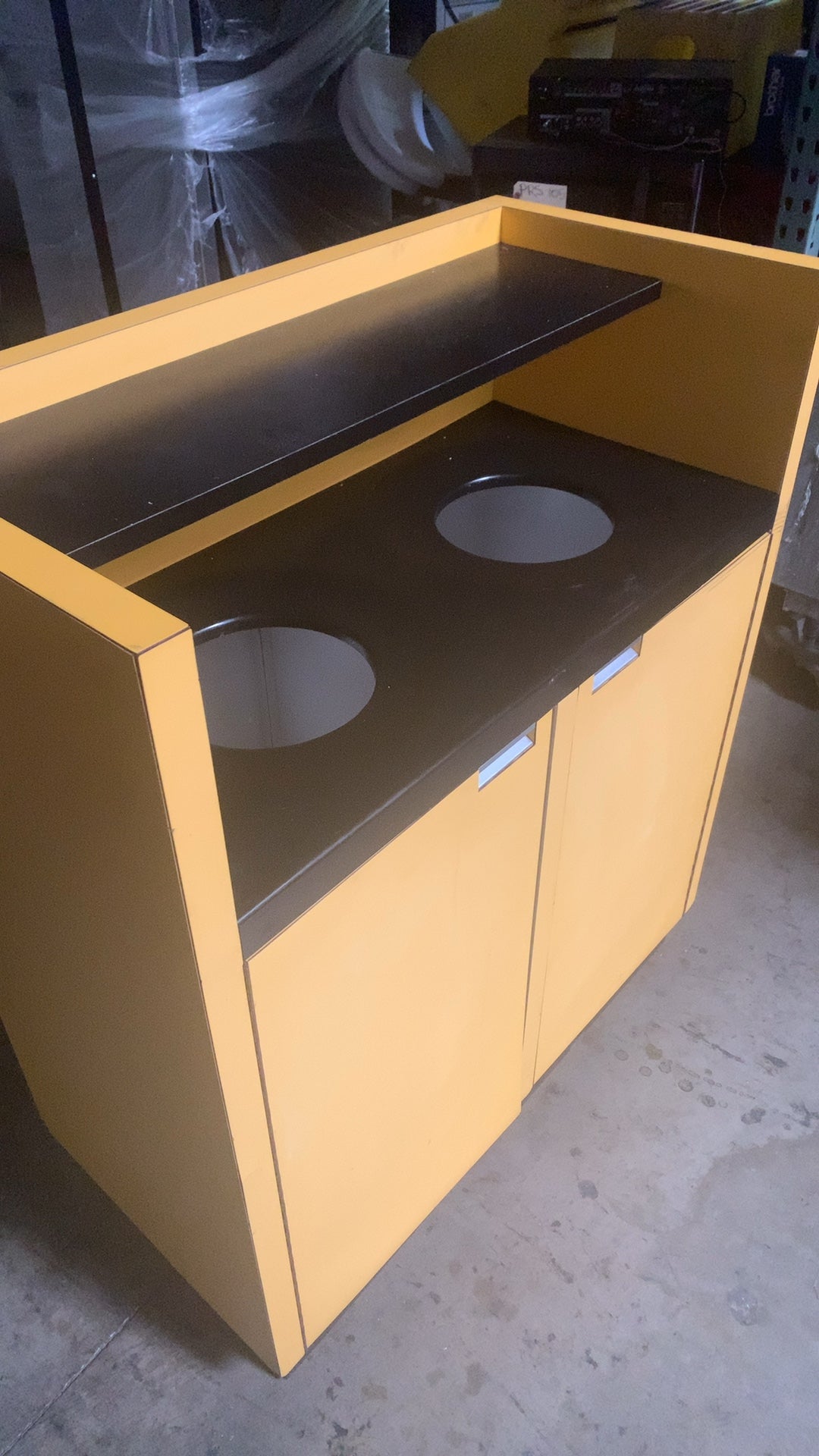 Double Bin Station Waste Receptacle Cabinet, Commercial Freestanding Two Top Openings Yellow Finish Upper Display Shelf