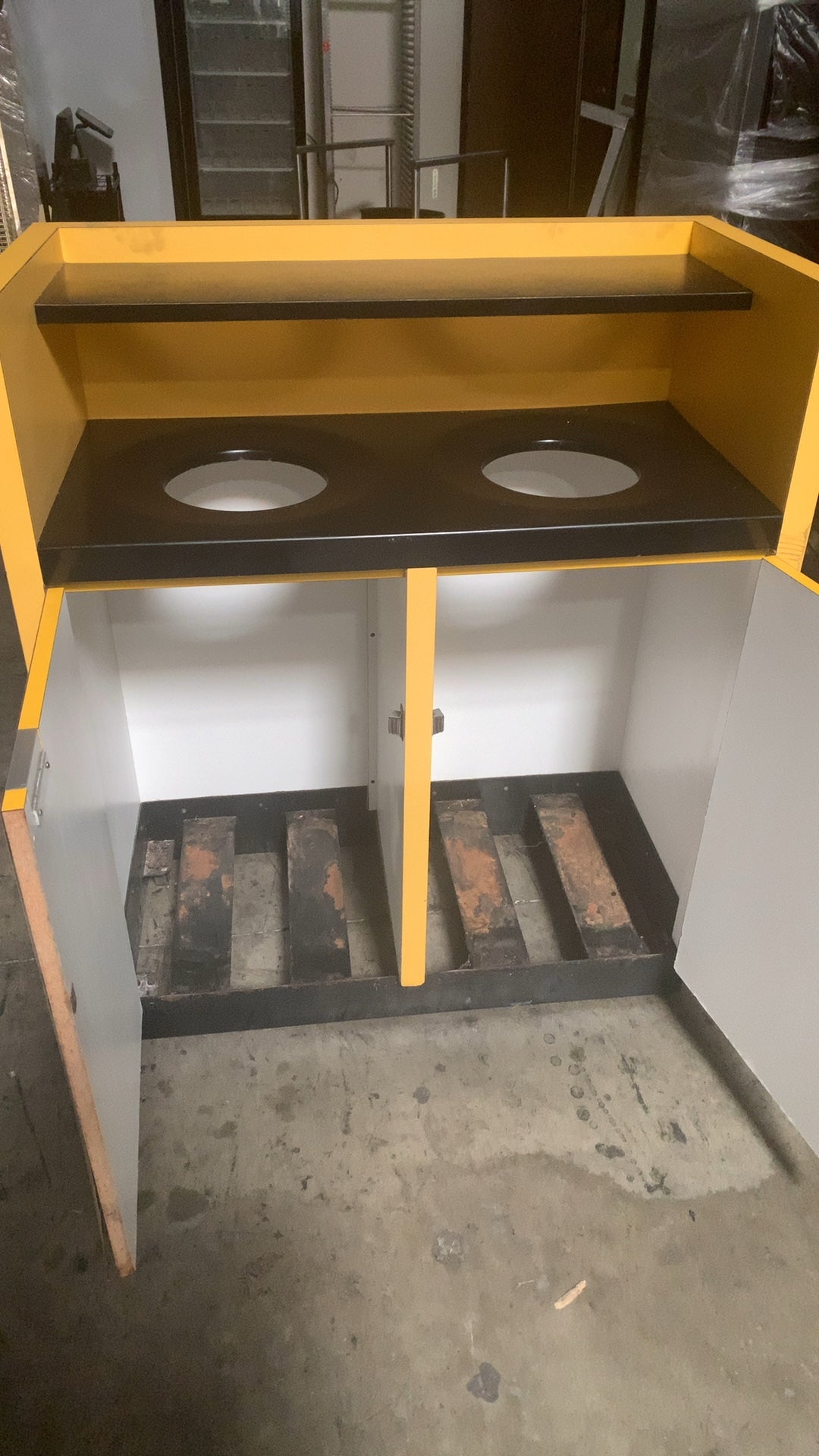 Double Bin Station Waste Receptacle Cabinet, Commercial Freestanding Two Top Openings Yellow Finish Upper Display Shelf