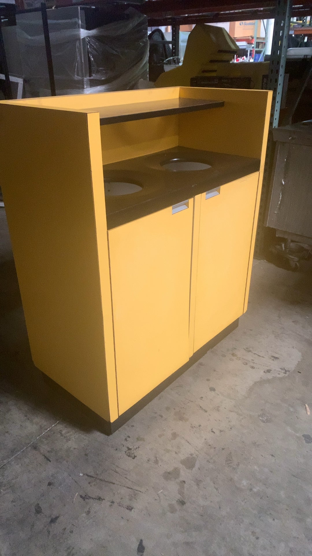 Double Bin Station Waste Receptacle Cabinet, Commercial Freestanding Two Top Openings Yellow Finish Upper Display Shelf