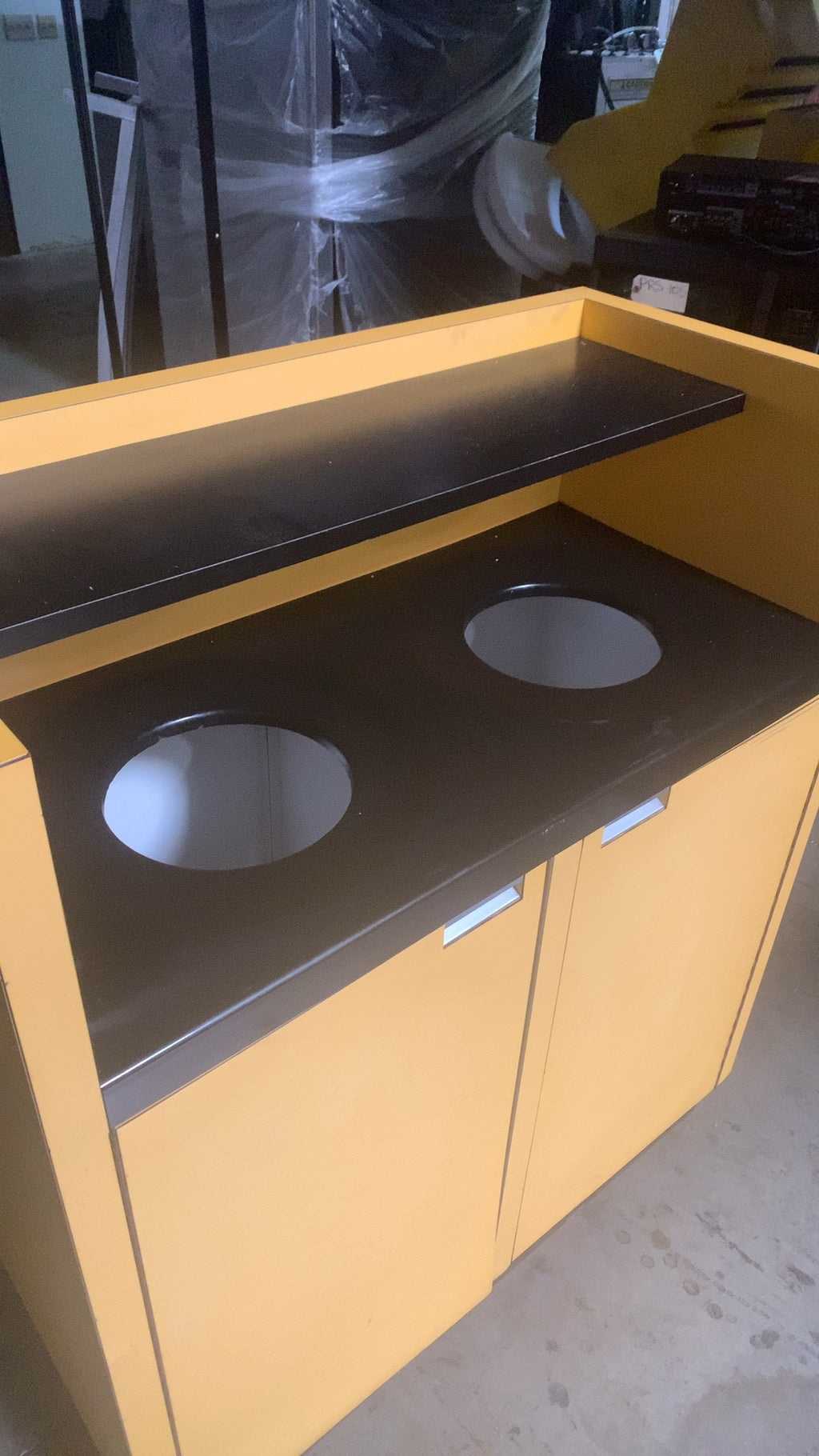 Double Bin Station Waste Receptacle Cabinet, Commercial Freestanding Two Top Openings Yellow Finish Upper Display Shelf