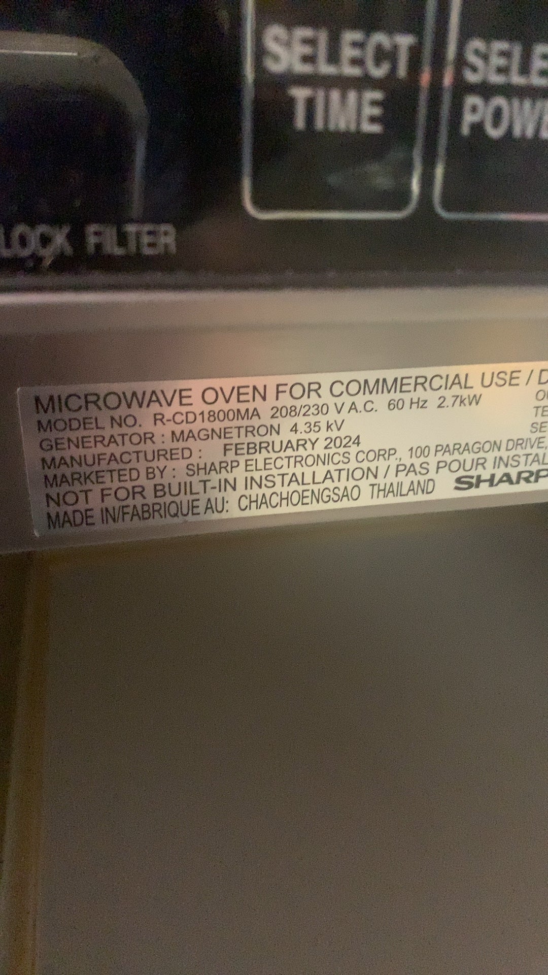 SHARP R-CD1800MA Microwave Oven, Commercial Use Twin Touch 208/230V 2.7kW