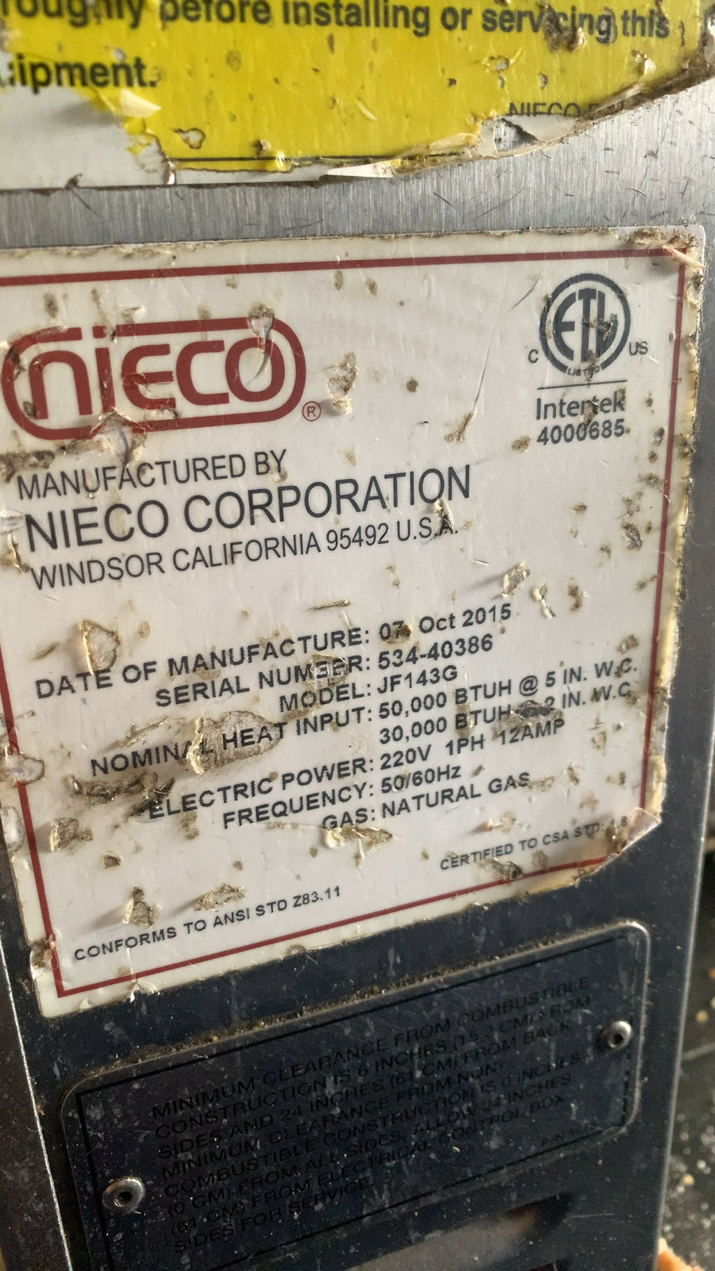 Nieco JF143G Broiler, Conveyor Natural Gas Electric Power