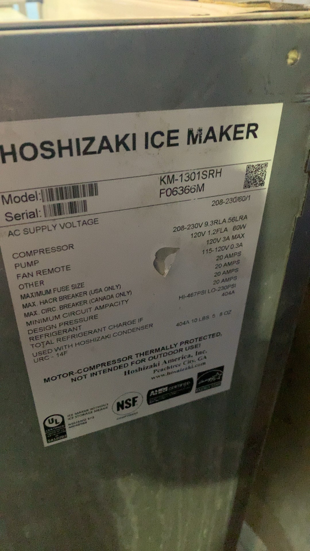 HOSHIZAKI KM-1301SRH Ice Maker, Modular Head Unit With Storage Bin 208-230V 60Hz 1 Phase