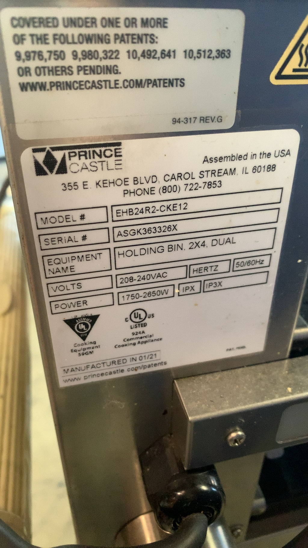 PRINCE CASTLE EHB24R2-CKE12 Holding Bin, Dual 2-Tier 8-Pan 208-240VAC 1750-2650W