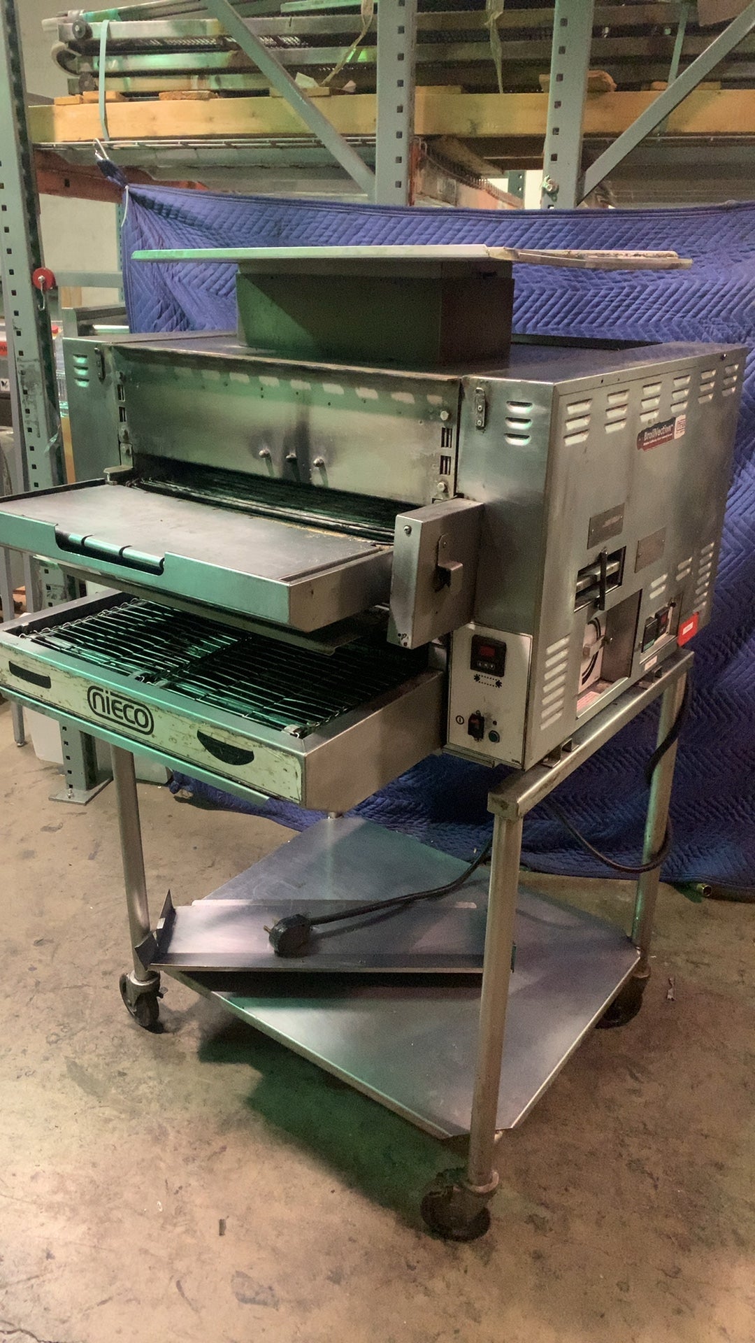 NIECO GF-14 Conveyor Broiler, Automatic Stainless Steel, with Rolling Stand, Multiple Cooking Surfaces