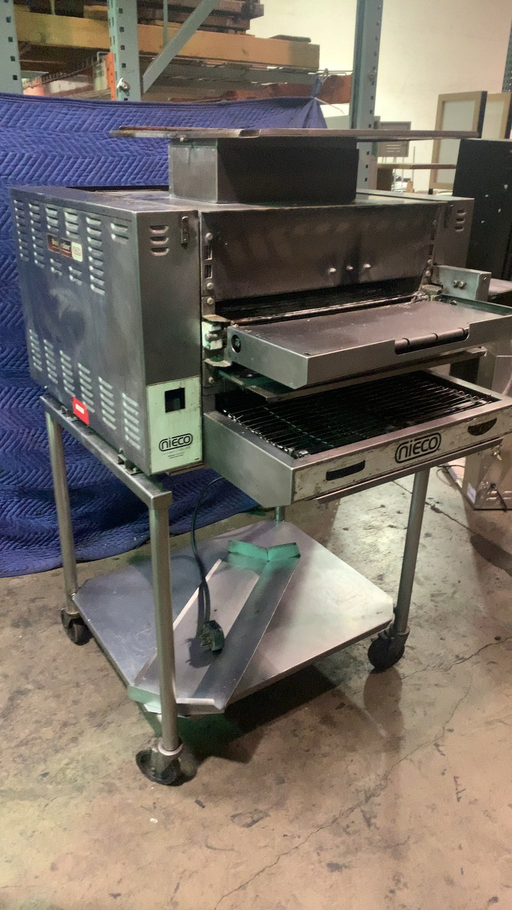 NIECO GF-14 Conveyor Broiler, Automatic Stainless Steel, with Rolling Stand, Multiple Cooking Surfaces