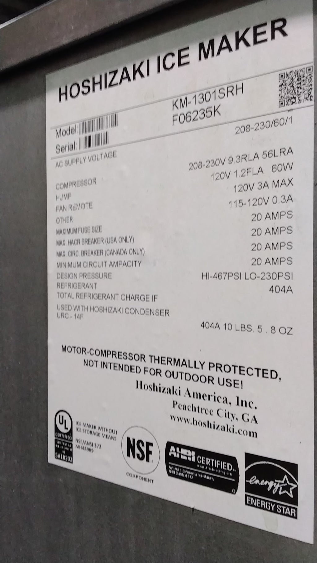 Hoshizaki KM-1301SRH Ice Maker With Bin, Commercial 208-230V On XL Bin