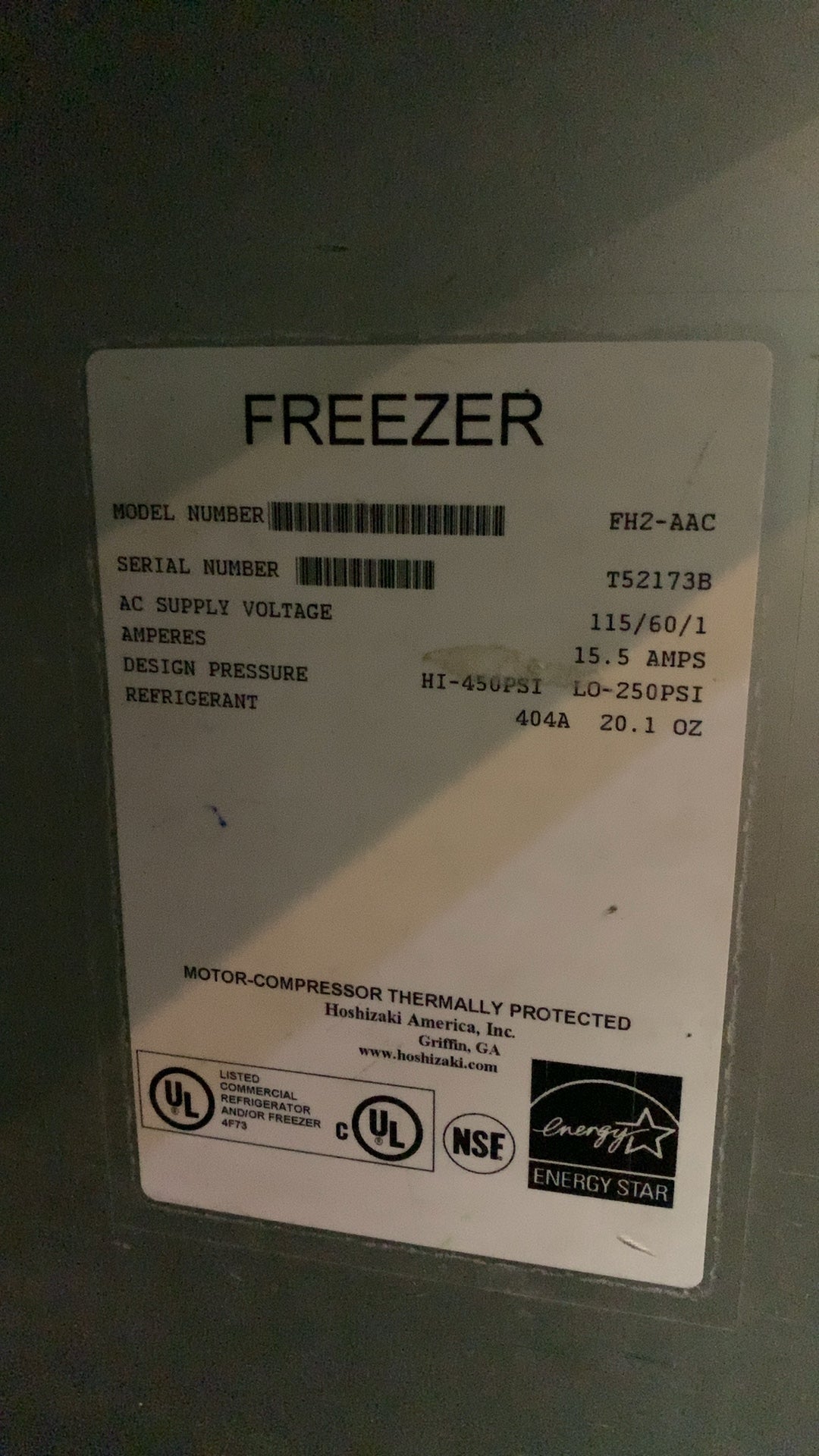 HOSHIZAKI FH2-AAC Freezer, Upright Commercial Two Solid Doors Stainless Steel Exterior 115V 1 Phase 15.5 Amps