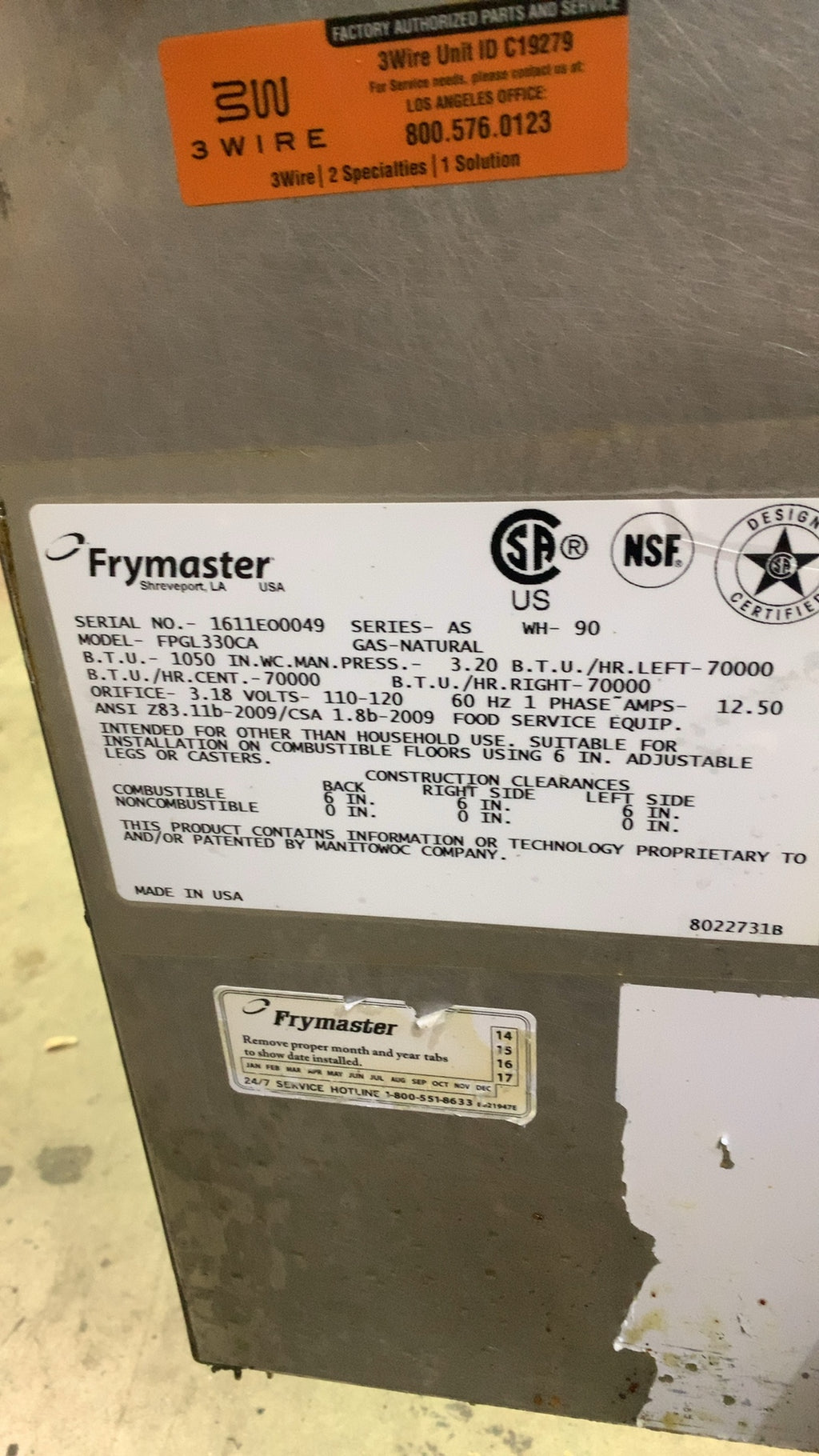 Frymaster FRC350CA Fryer, Commercial Gas Triple Vat Natural Gas Digital Controls On Casters