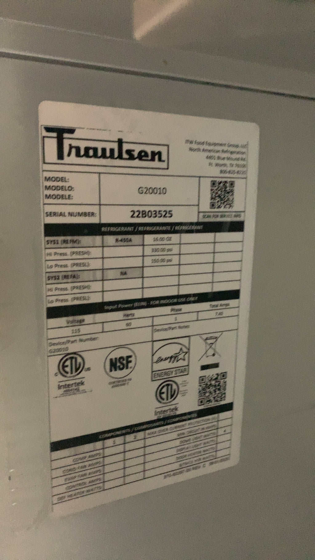 Traulsen G20010 Refrigerator, Upright Two-Section Stainless Steel R-404A Refrigerant
