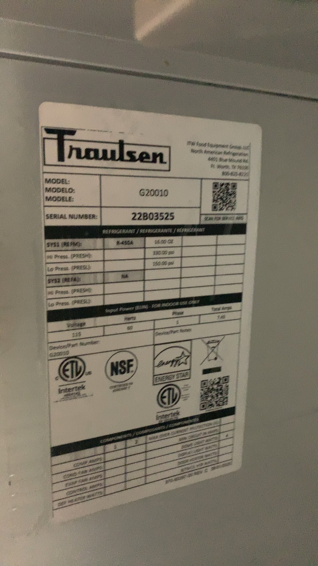 Traulsen G20010 Refrigerator, Upright Two-Section Stainless Steel R-404A Refrigerant
