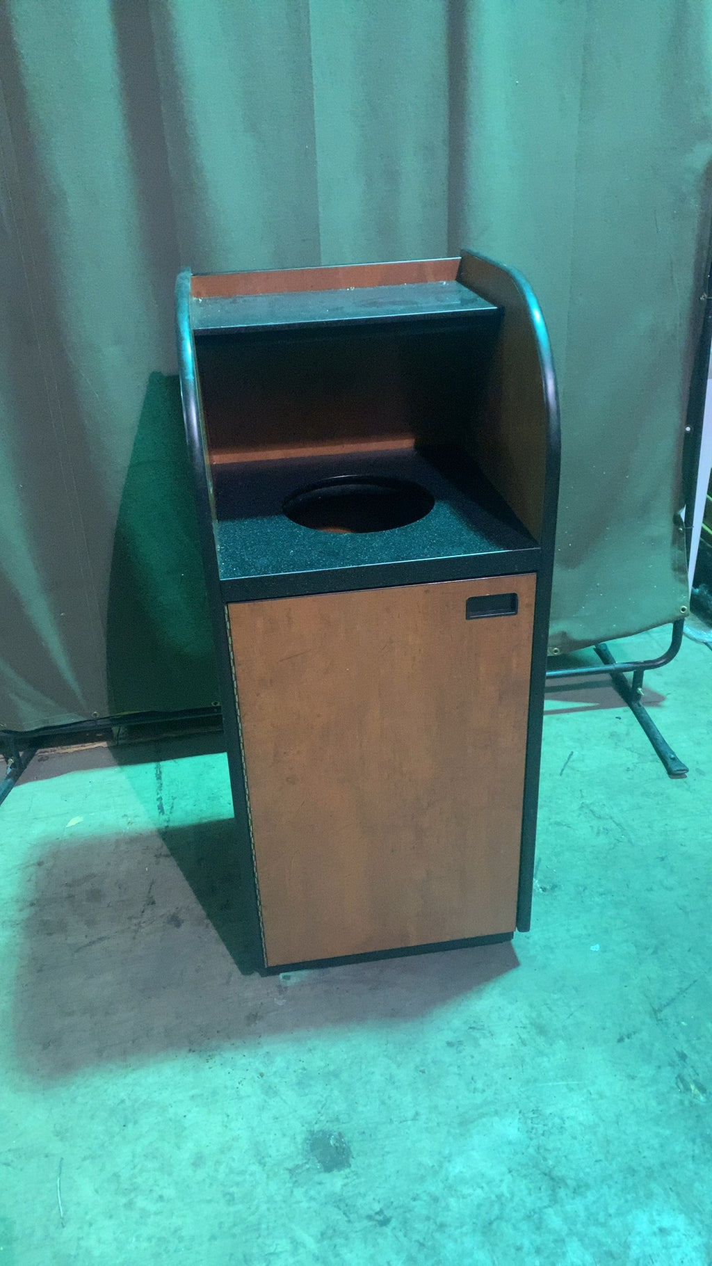 Tray Top Wood Waste Receptacle Waste Receptacle, Commercial Upper Shelf, Front Access Door, Wood Grain Finish