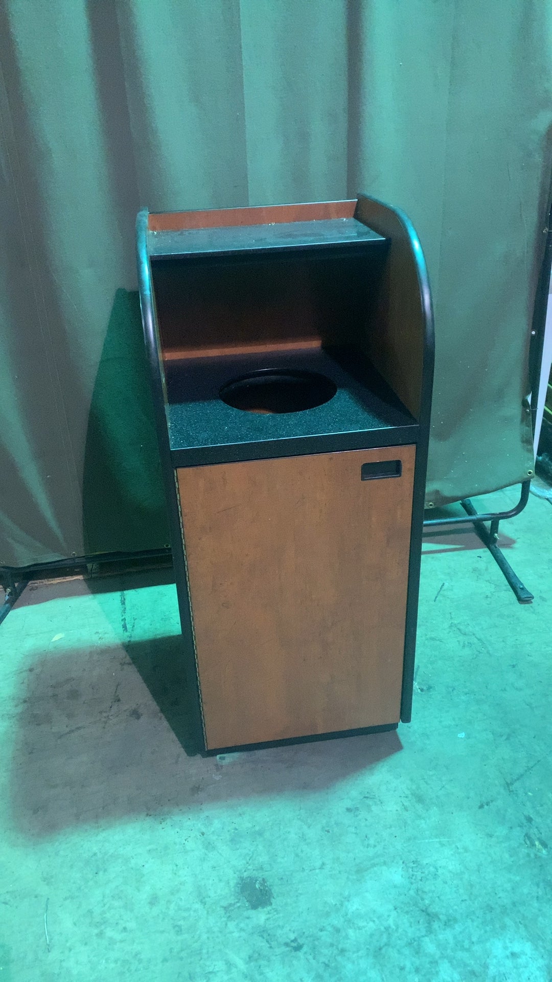 Tray Top Wood Waste Receptacle Waste Receptacle, Commercial Upper Shelf, Front Access Door, Wood Grain Finish