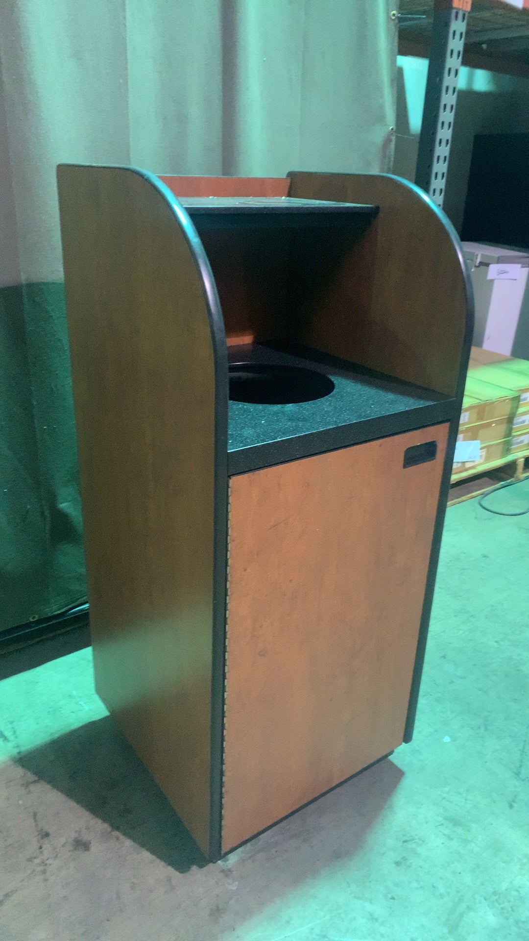 Tray Top Wood Waste Receptacle Waste Receptacle, Commercial Upper Shelf, Front Access Door, Wood Grain Finish