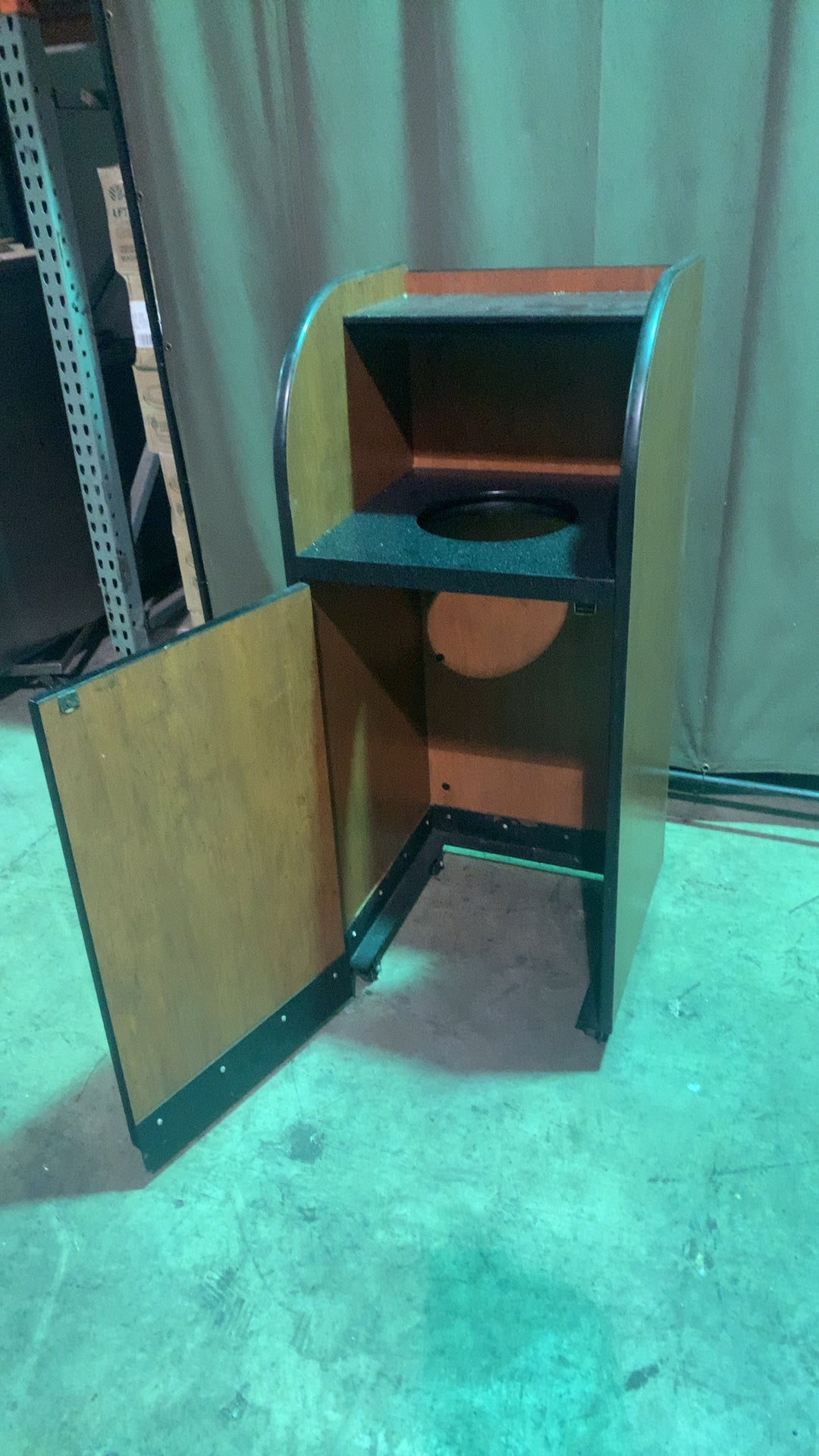 Tray Top Wood Waste Receptacle Waste Receptacle, Commercial Upper Shelf, Front Access Door, Wood Grain Finish