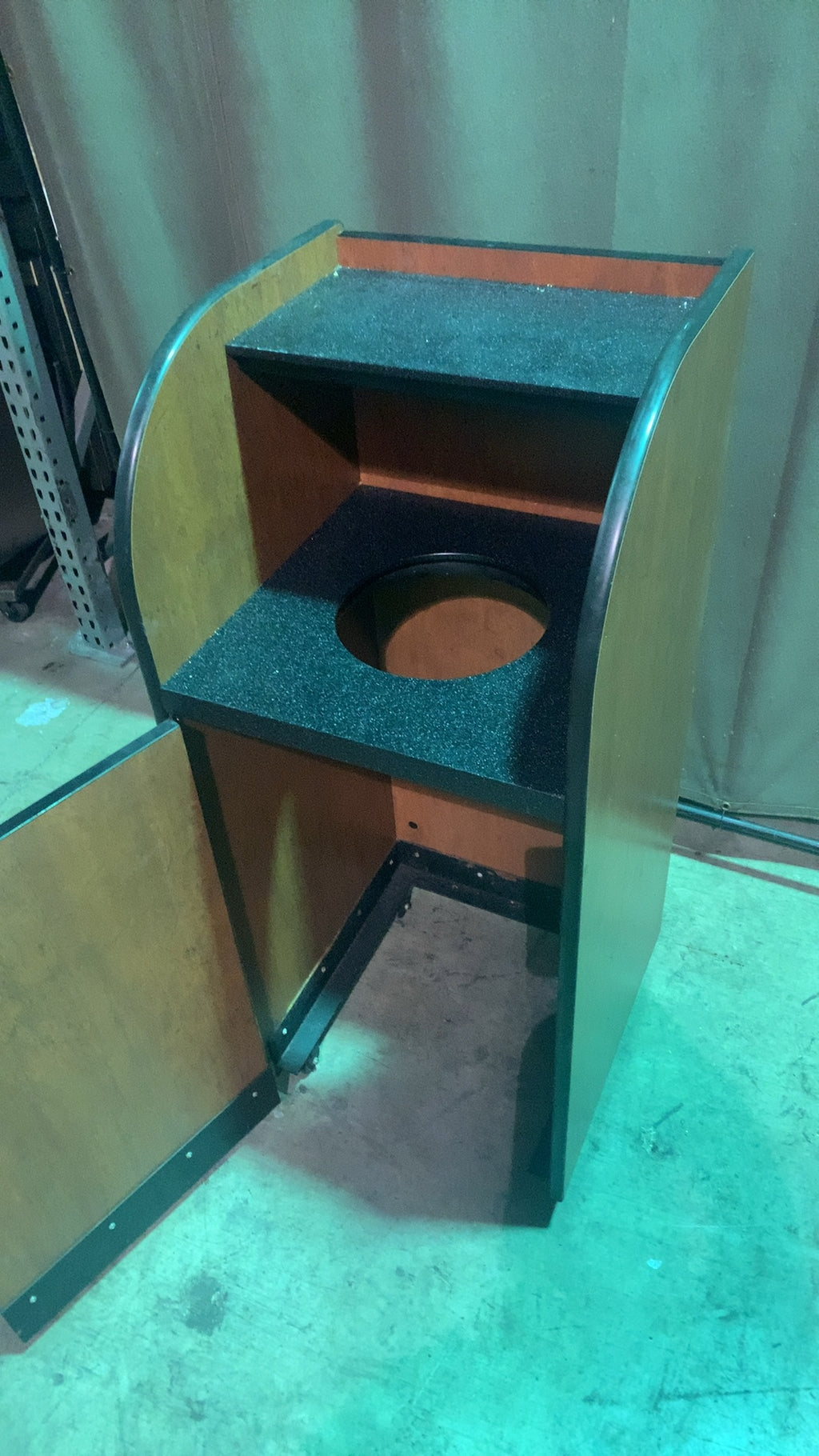 Tray Top Wood Waste Receptacle Waste Receptacle, Commercial Upper Shelf, Front Access Door, Wood Grain Finish