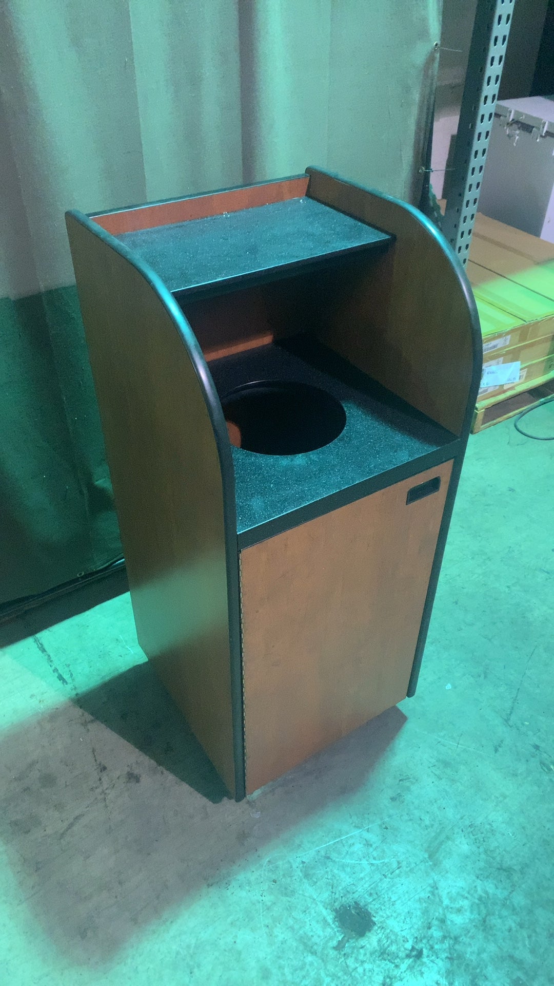 Tray Top Wood Waste Receptacle Waste Receptacle, Commercial Upper Shelf, Front Access Door, Wood Grain Finish