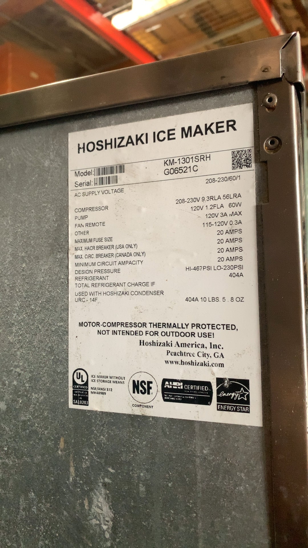 Hoshizaki KM-1301SRH Ice Maker, Modular with Storage Bin 208-230V 20 Amps Stainless Steel