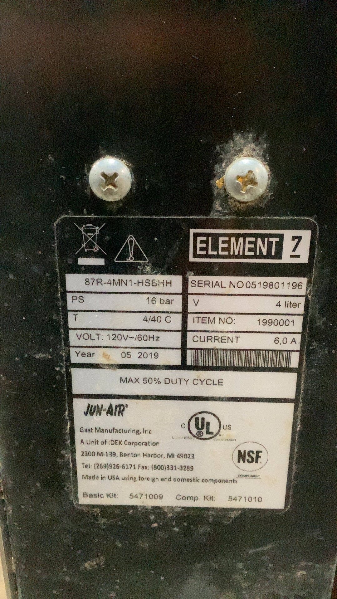 Gast Element 7 Jun-Air 87R-4MN1-HSBHH Cold Brew Nitrogen Generator