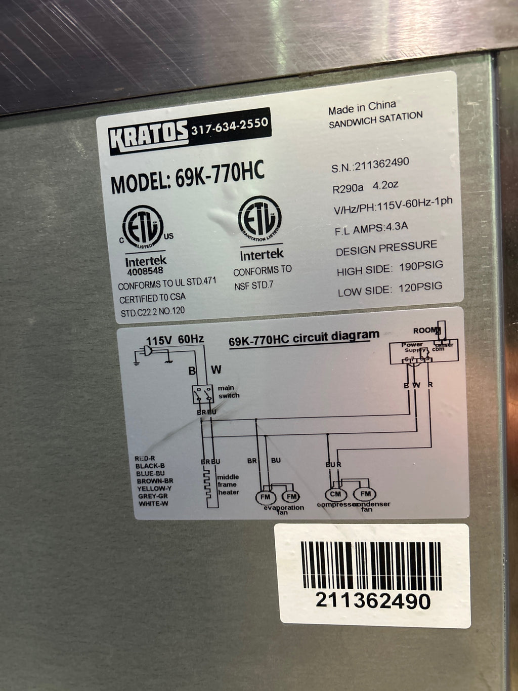 Kratos 69K-770HC Commercial Undercounter Refrigerator