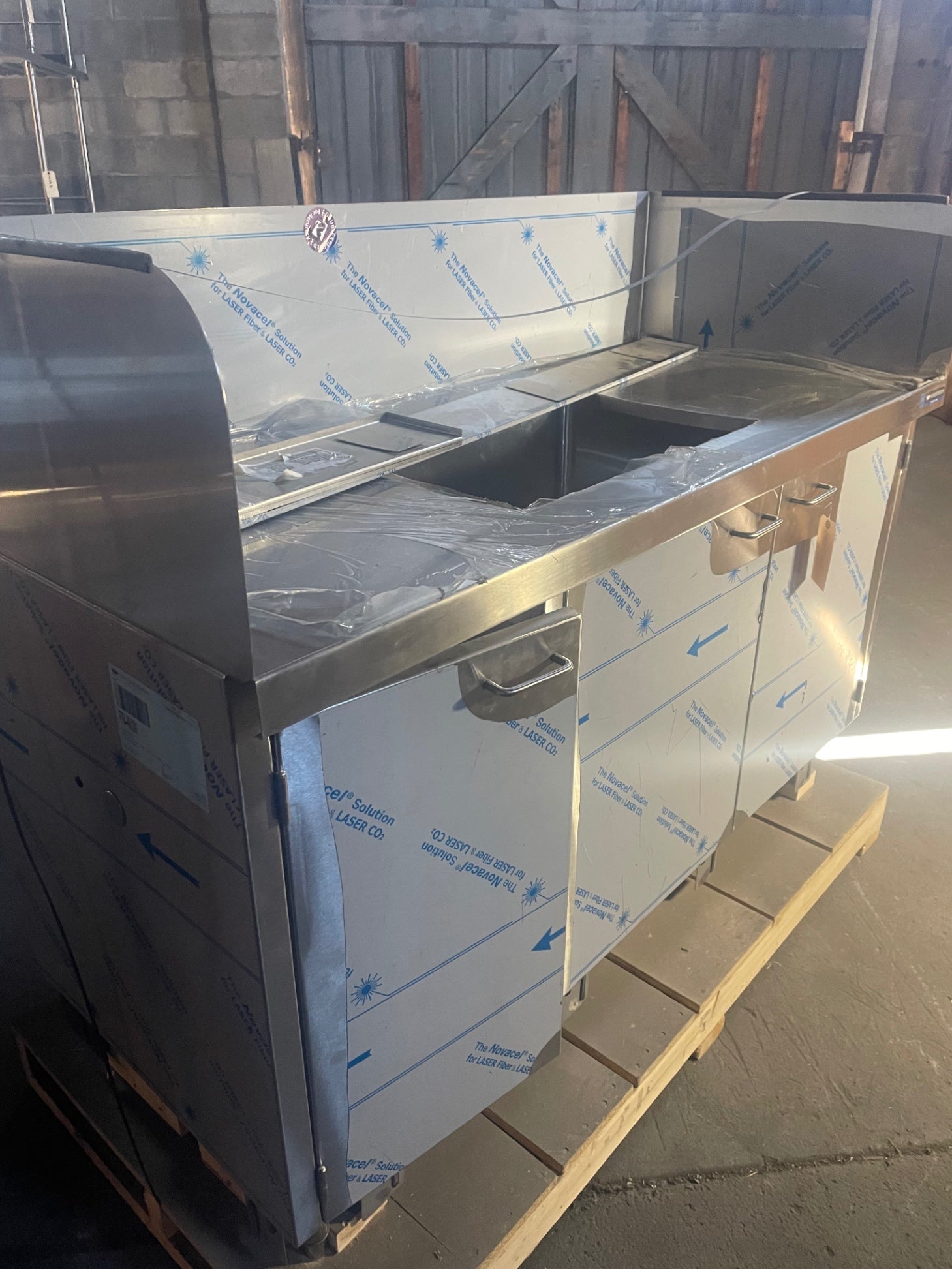 Prep Station W/ Drain Sink, Stainless, Back And Side Splash, 3 Solid Swing Doors