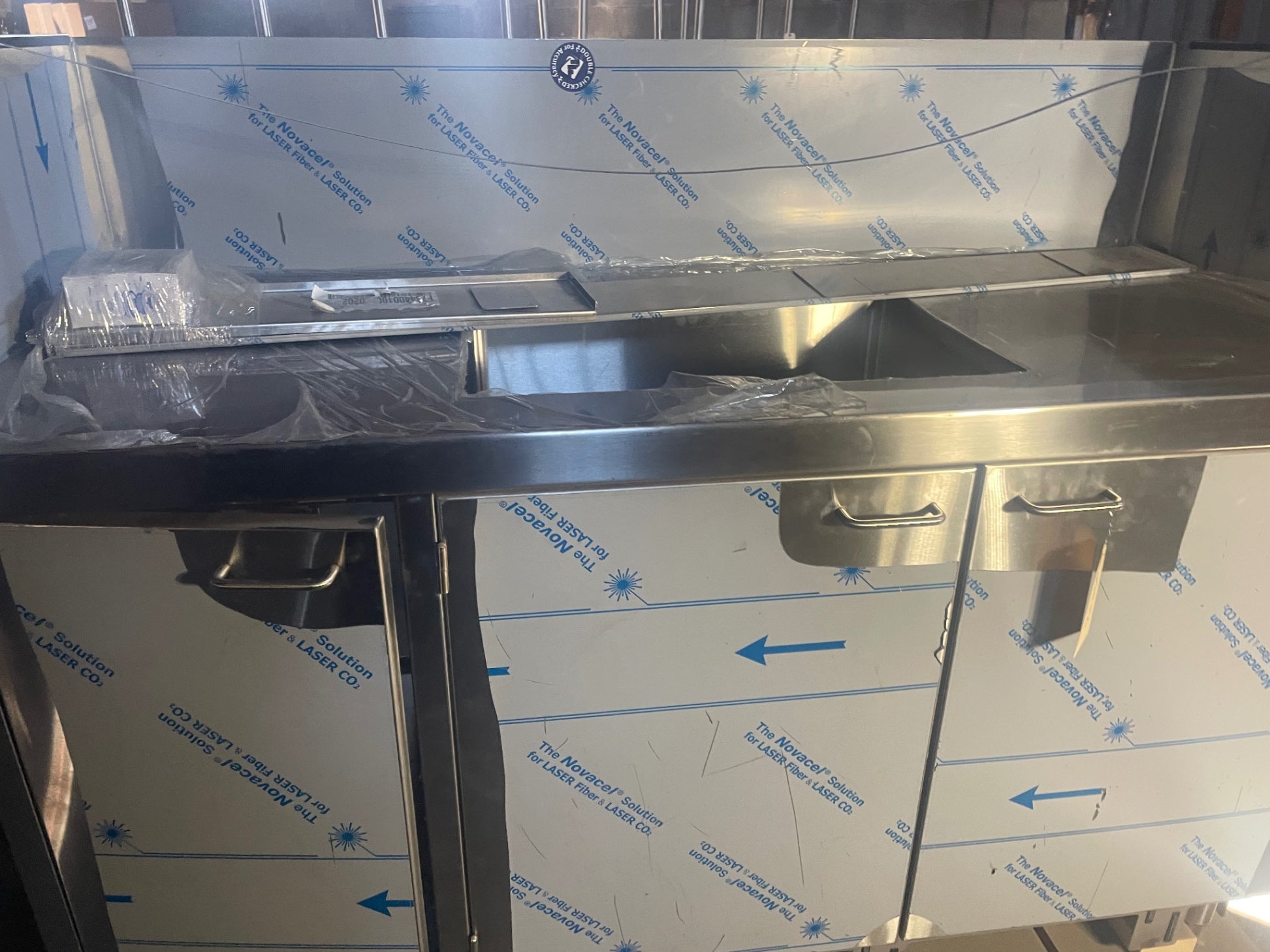 Prep Station W/ Drain Sink, Stainless, Back And Side Splash, 3 Solid Swing Doors