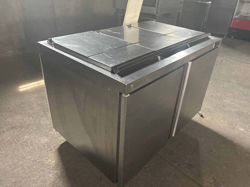 Delfield 4448NP-18M-A1454 Sandwich Prep Table, 3 Wells, 2 Solid Swing Doors, Stainless, Mobile