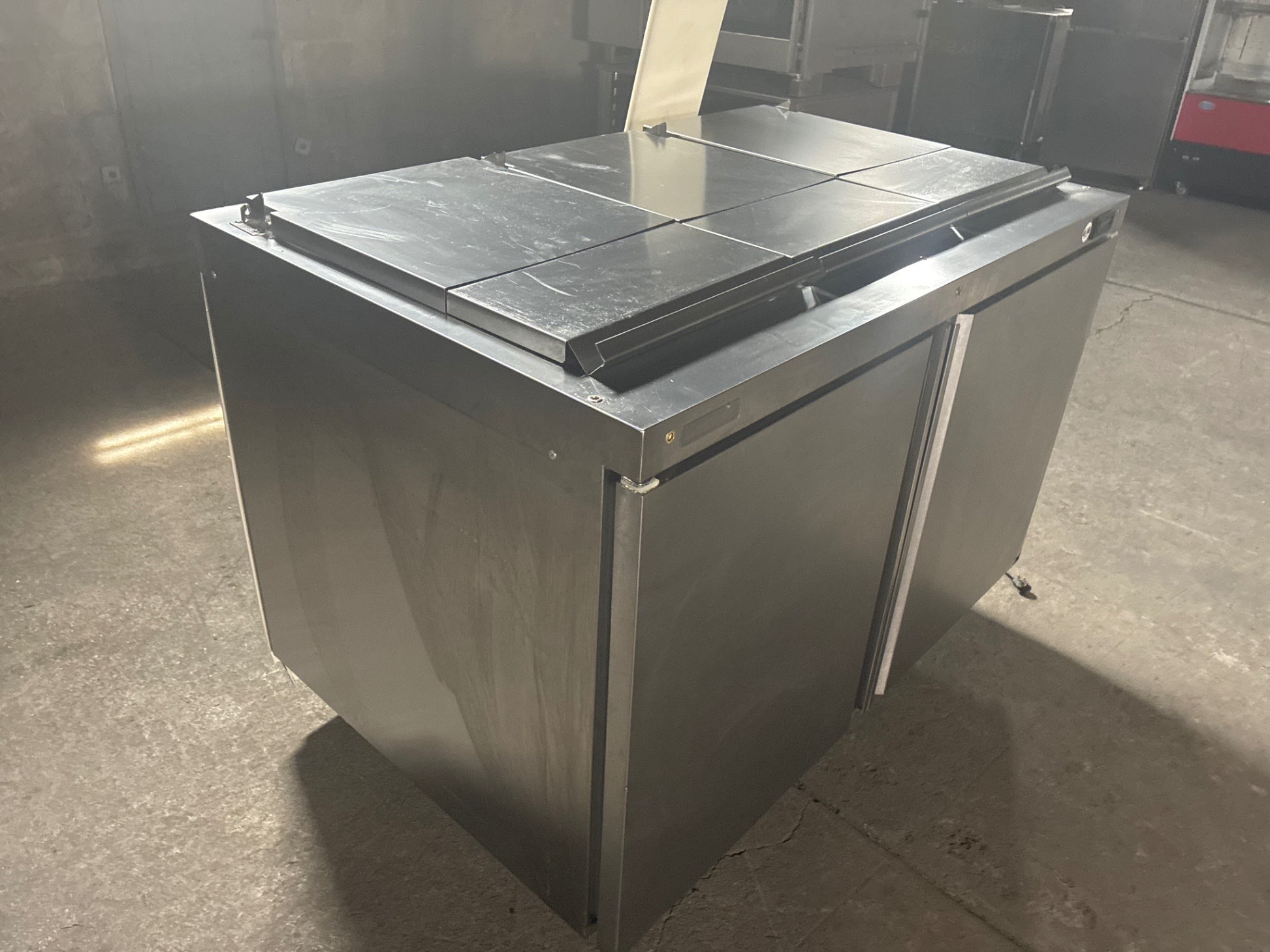 Delfield 4448NP-18M-A1454 Sandwich Prep Table, 3 Wells, 2 Solid Swing Doors, Stainless, Mobile