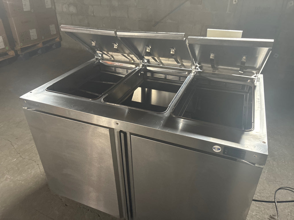 Delfield 4448NP-18M-A1454 Sandwich Prep Table, 3 Wells, 2 Solid Swing Doors, Stainless, Mobile