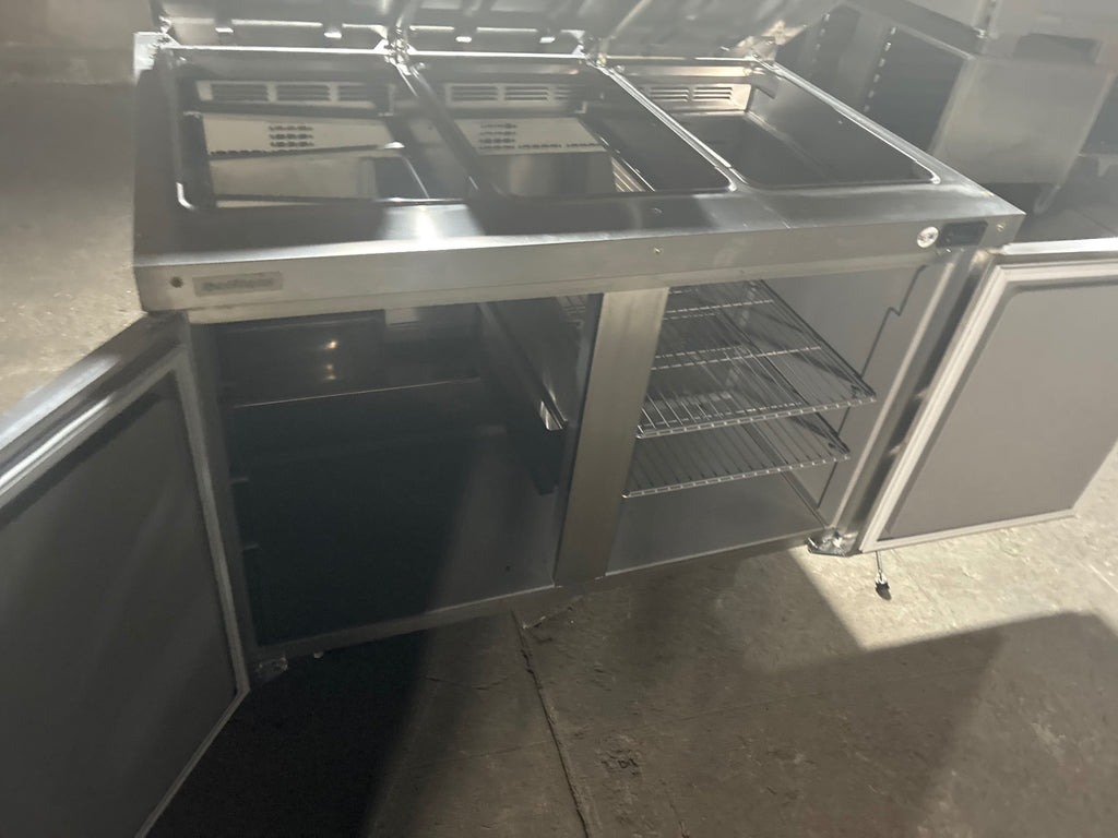 Delfield 4448NP-18M-A1454 Sandwich Prep Table, 3 Wells, 2 Solid Swing Doors, Stainless, Mobile